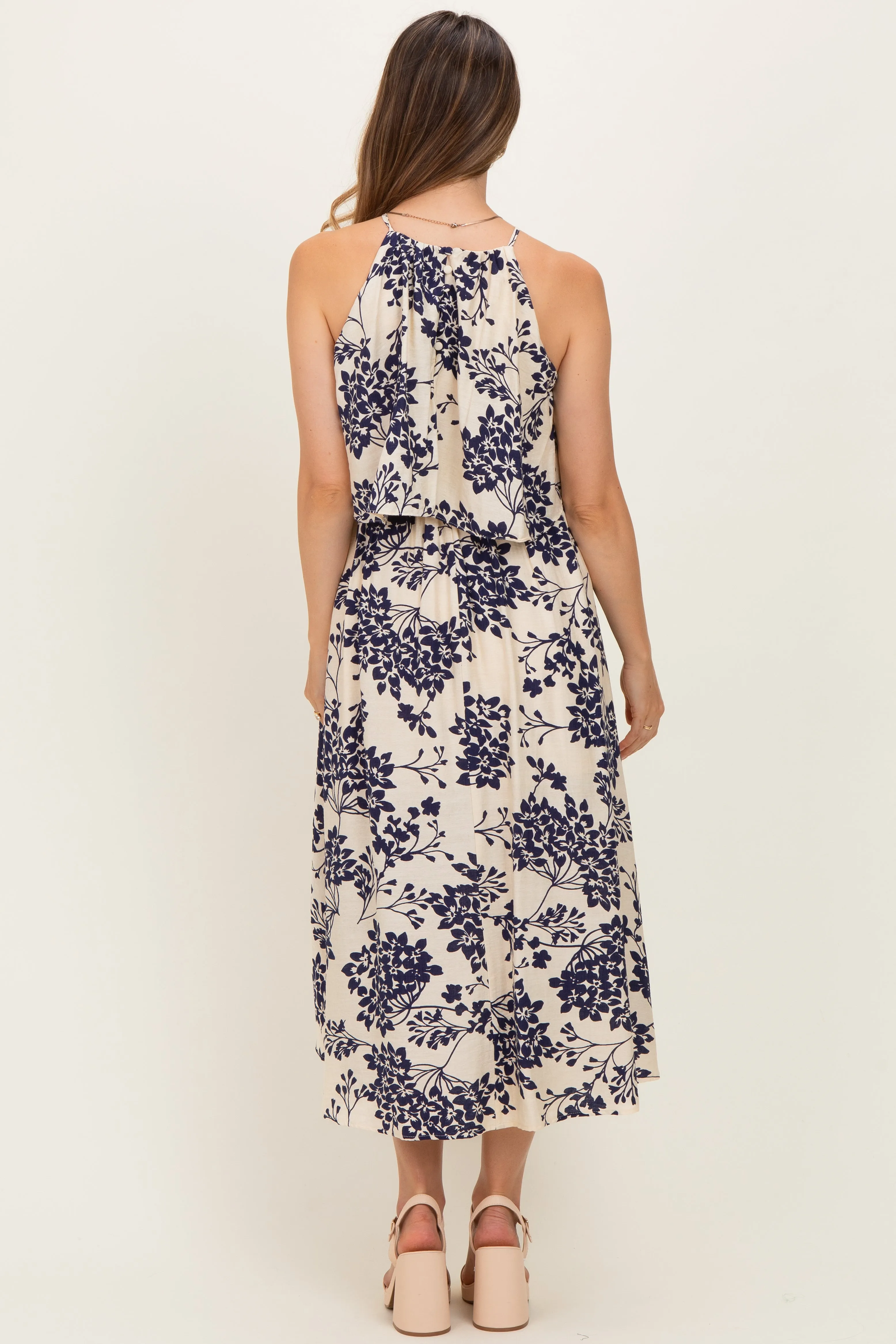 Navy Floral Flounce Halter Maternity Midi Dress sold by Pinkblush product image thumbnail 3