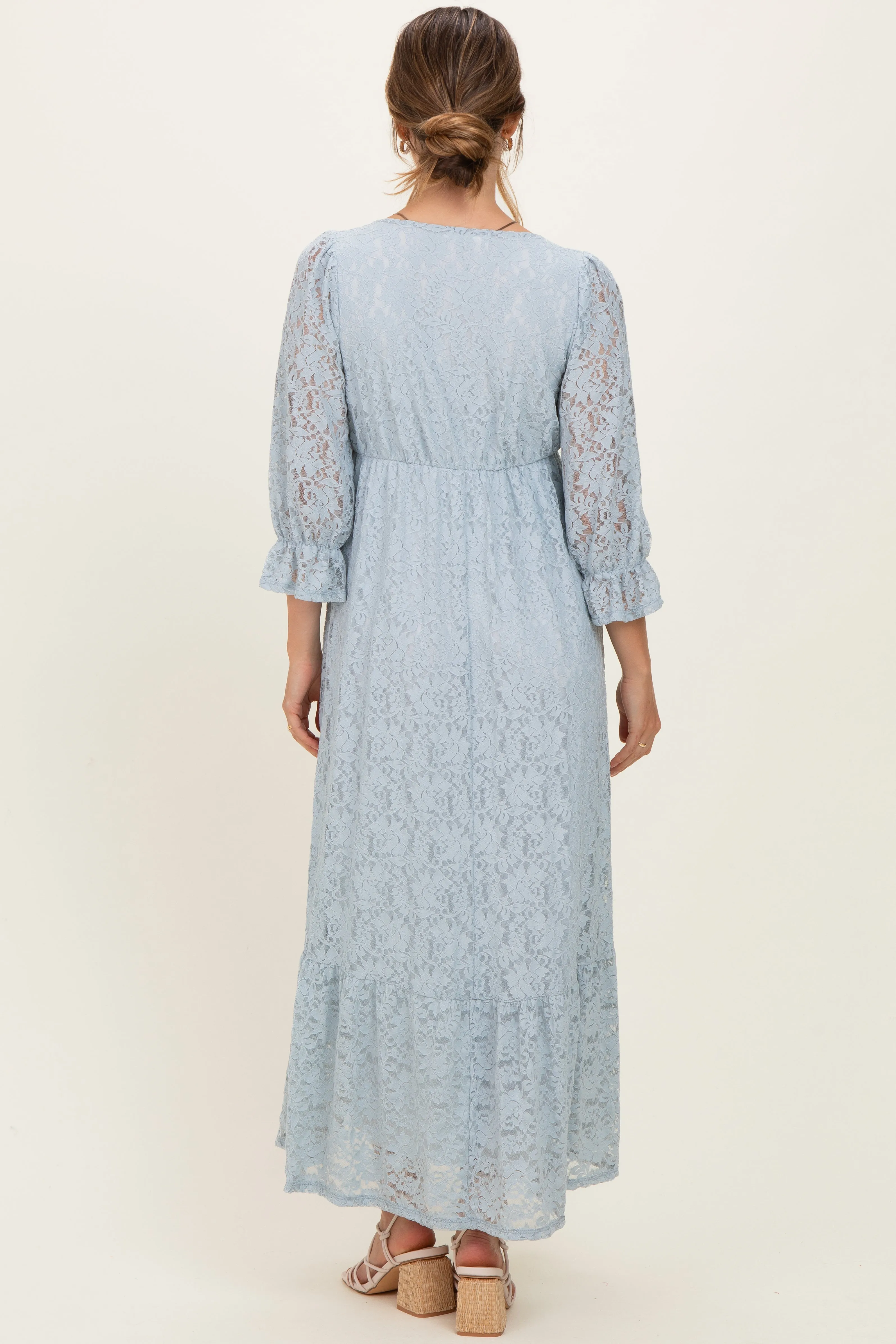 Light Blue Floral Lace 3/4 Ruffle Sleeve V-Neck Maternity Maxi Dress sold by Pinkblush product image thumbnail 3