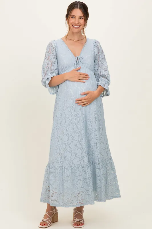 Light Blue Floral Lace 3/4 Ruffle Sleeve V-Neck Maternity Maxi Dress made by Pinkblush