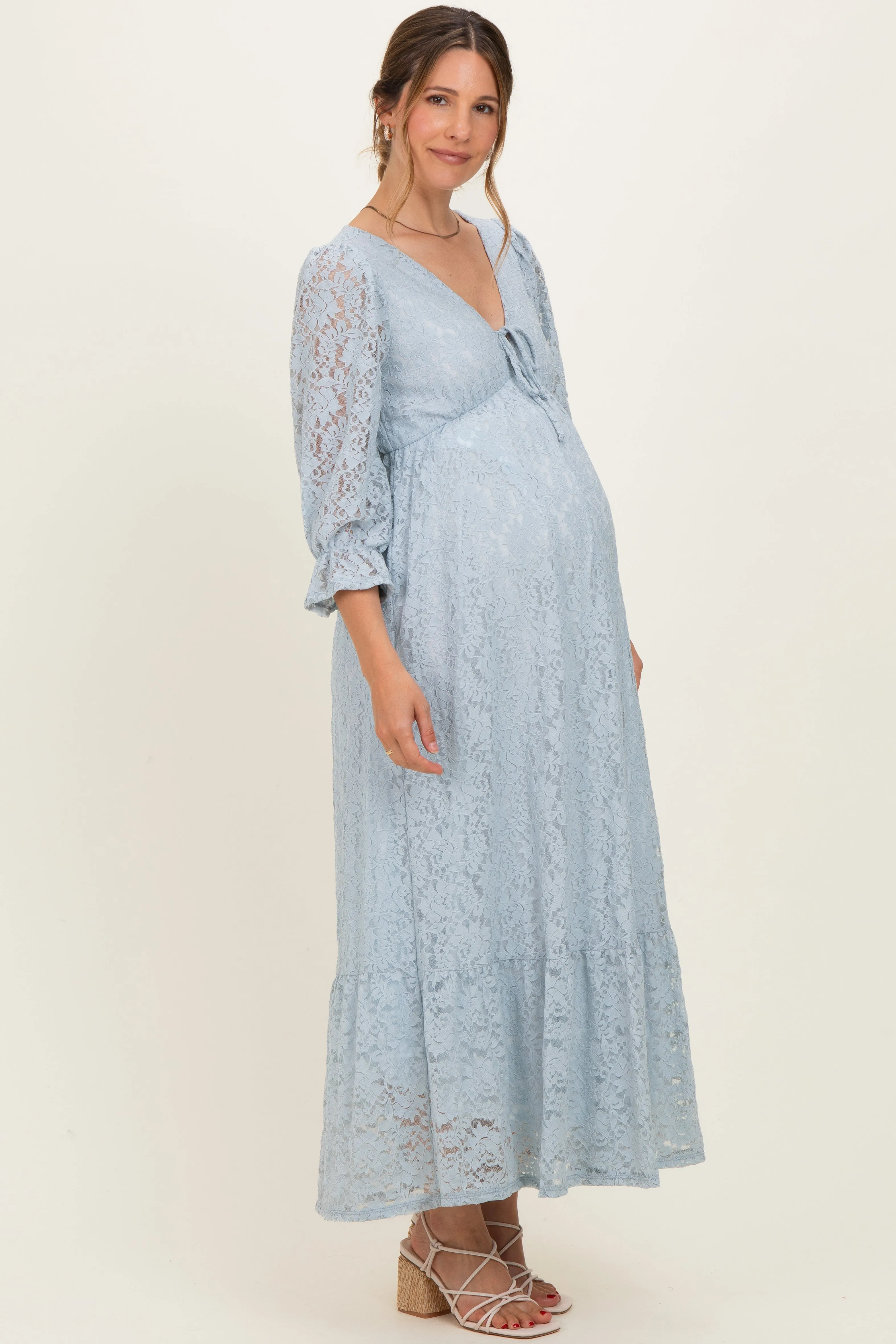 Light Blue Floral Lace 3/4 Ruffle Sleeve V-Neck Maternity Maxi Dress sold by Pinkblush product image thumbnail 2