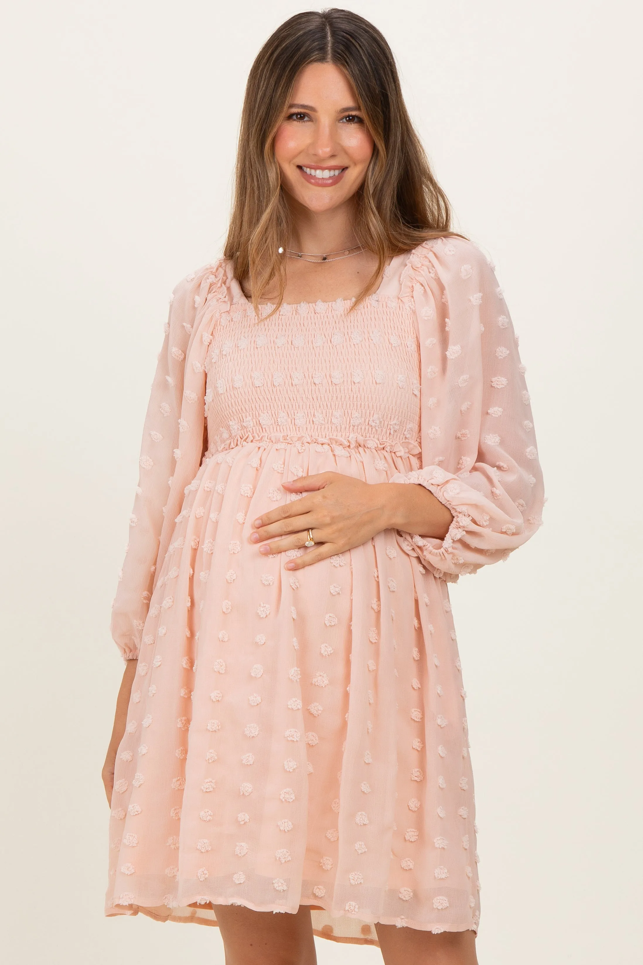 Peach Textured Dot Smocked Square Neck Chiffon Maternity Dress sold by Pinkblush product image thumbnail 2