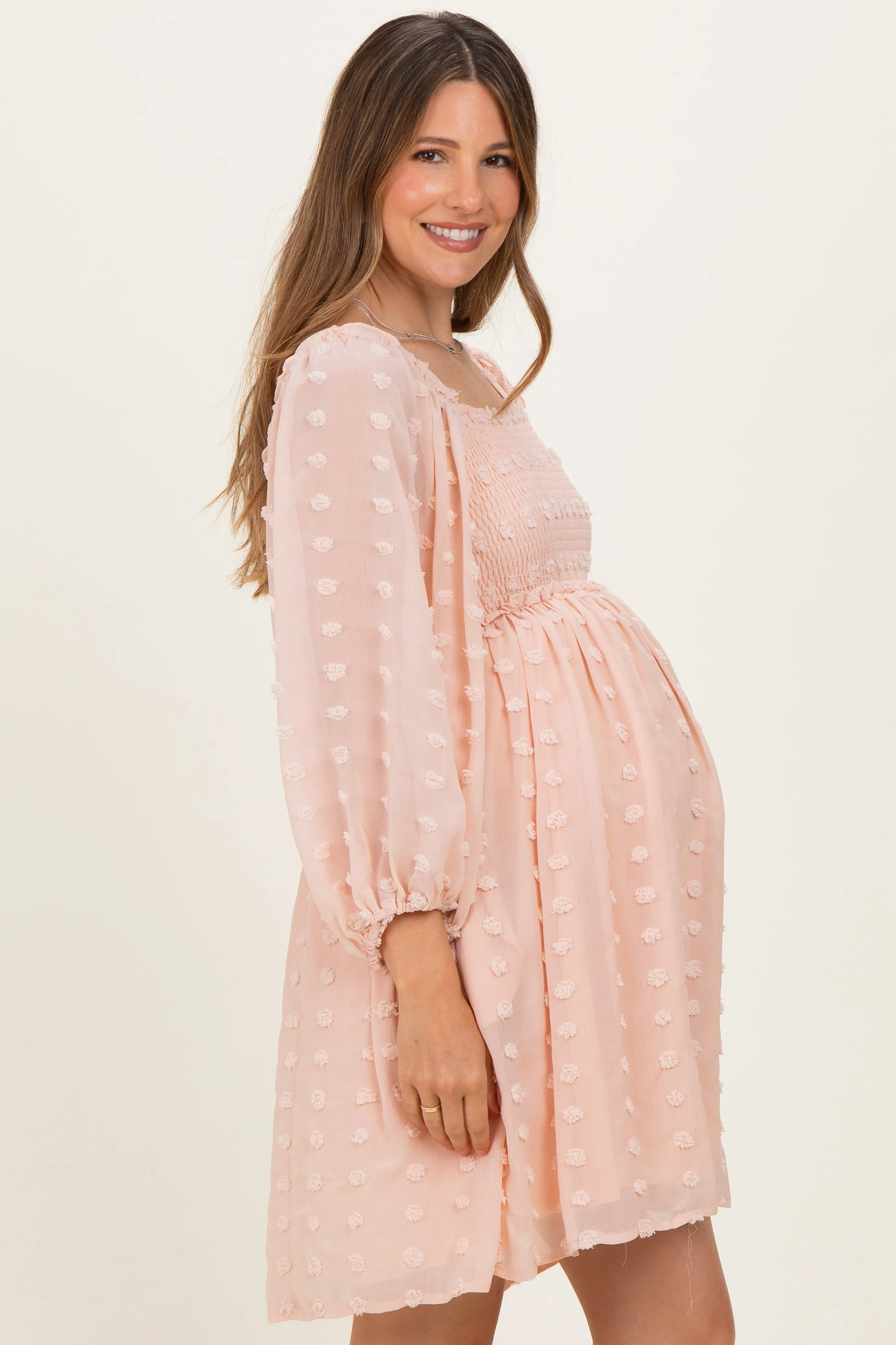 Peach Textured Dot Smocked Square Neck Chiffon Maternity Dress sold by Pinkblush product image thumbnail 3