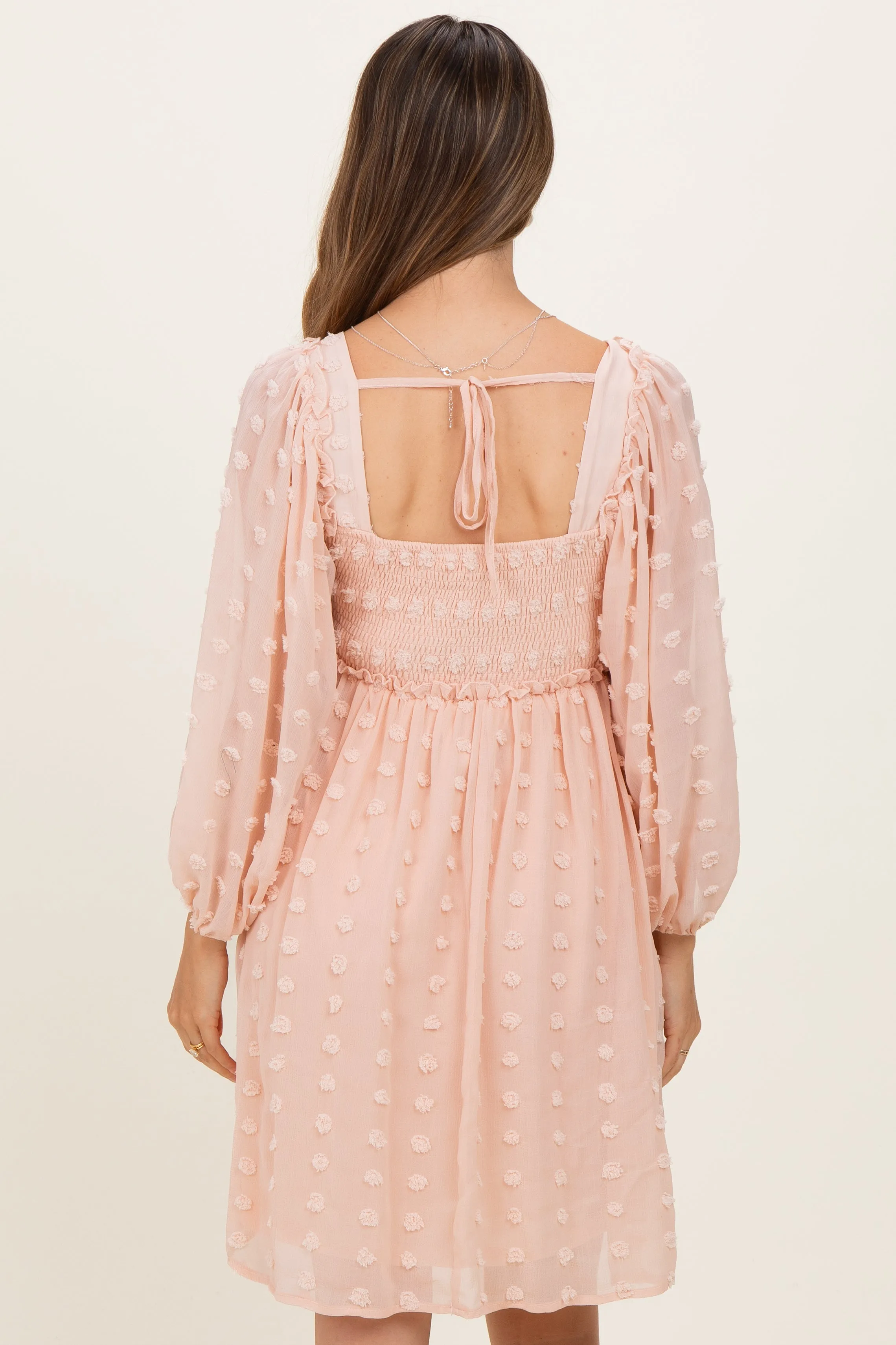 Peach Textured Dot Smocked Square Neck Chiffon Maternity Dress sold by Pinkblush product image thumbnail 4