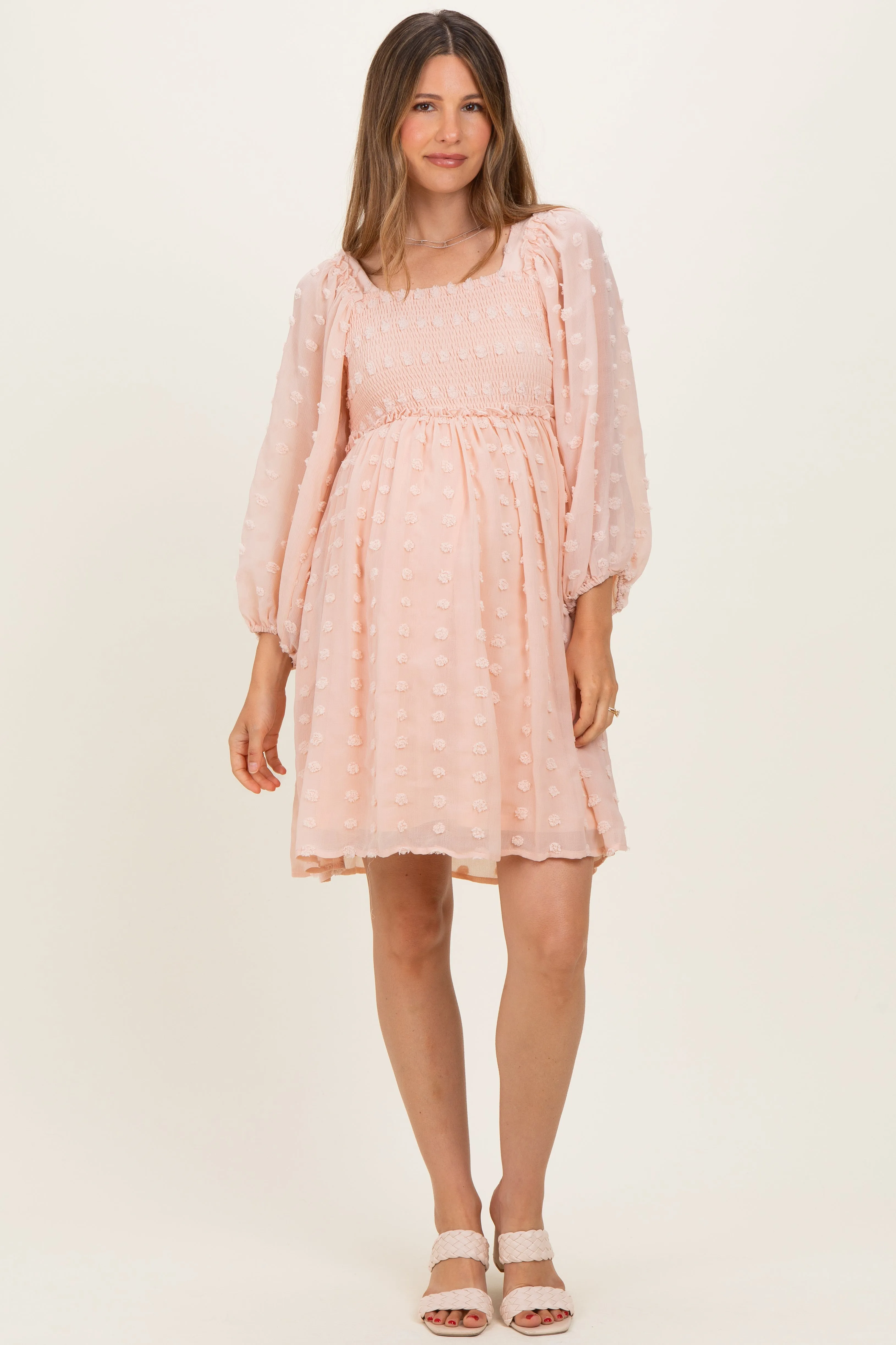 Peach Textured Dot Smocked Square Neck Chiffon Maternity Dress sold by Pinkblush