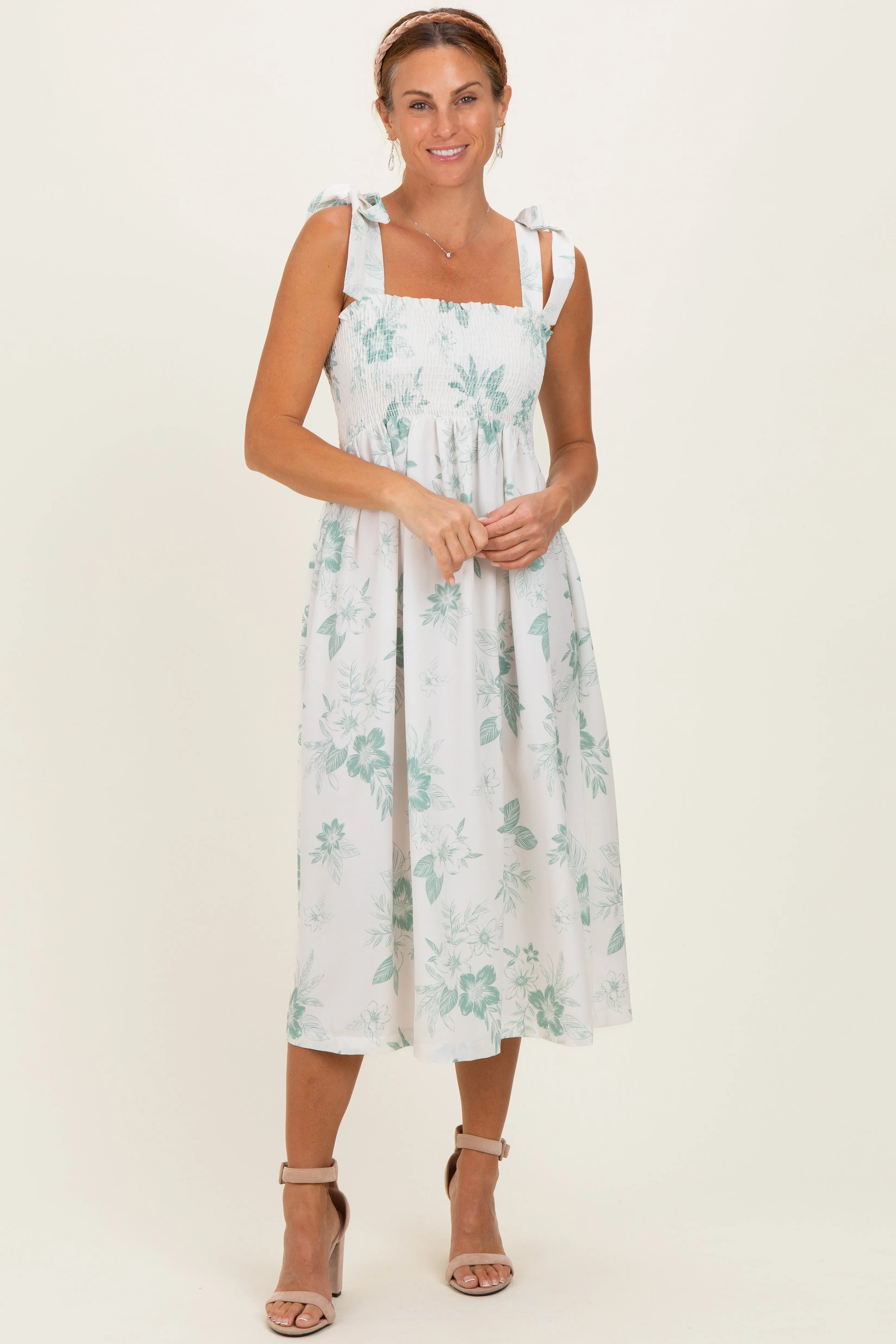 Sage Floral Smocked Maternity Midi Dress sold by Pinkblush product image thumbnail 4