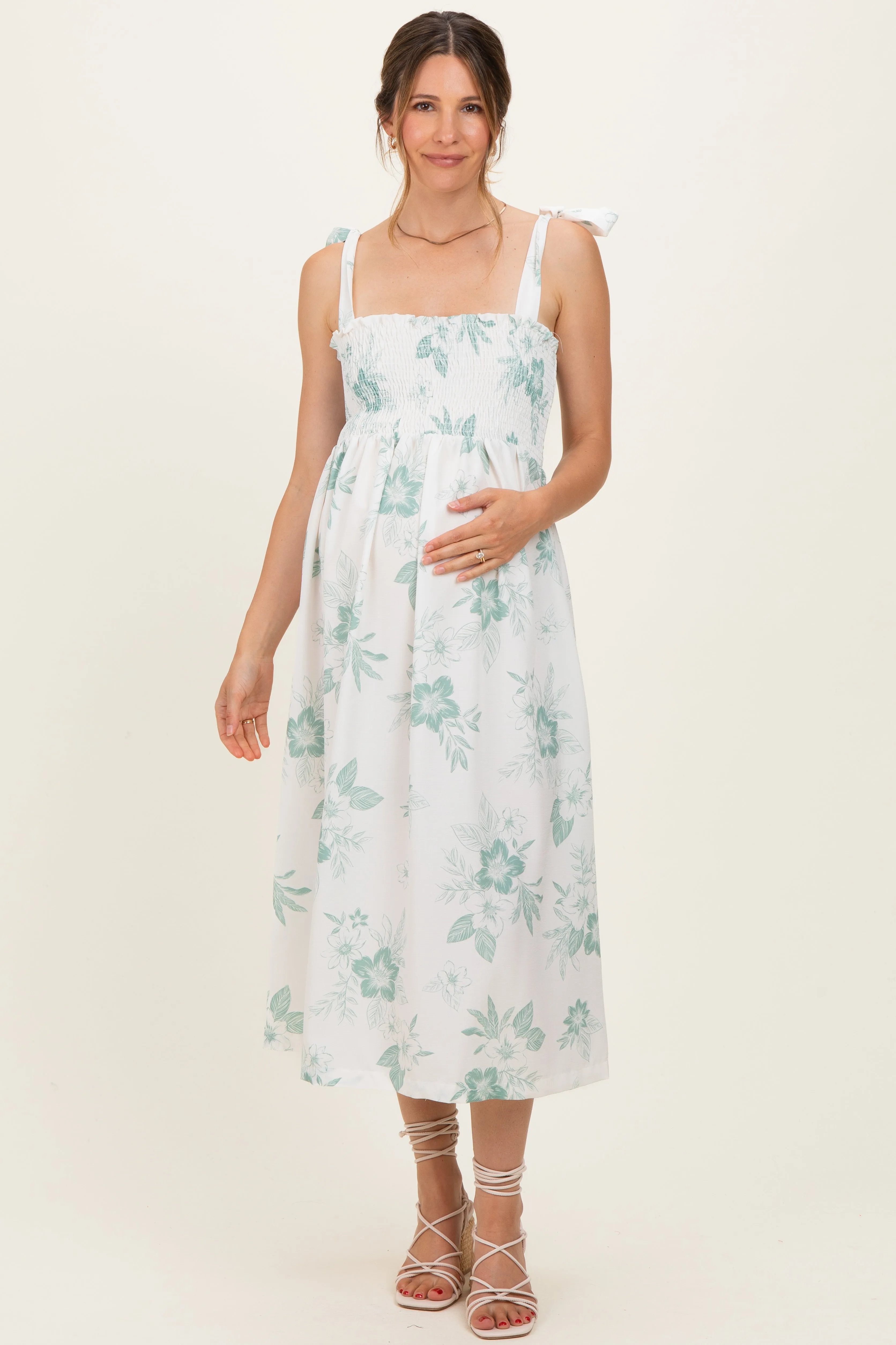 Sage Floral Smocked Maternity Midi Dress sold by Pinkblush