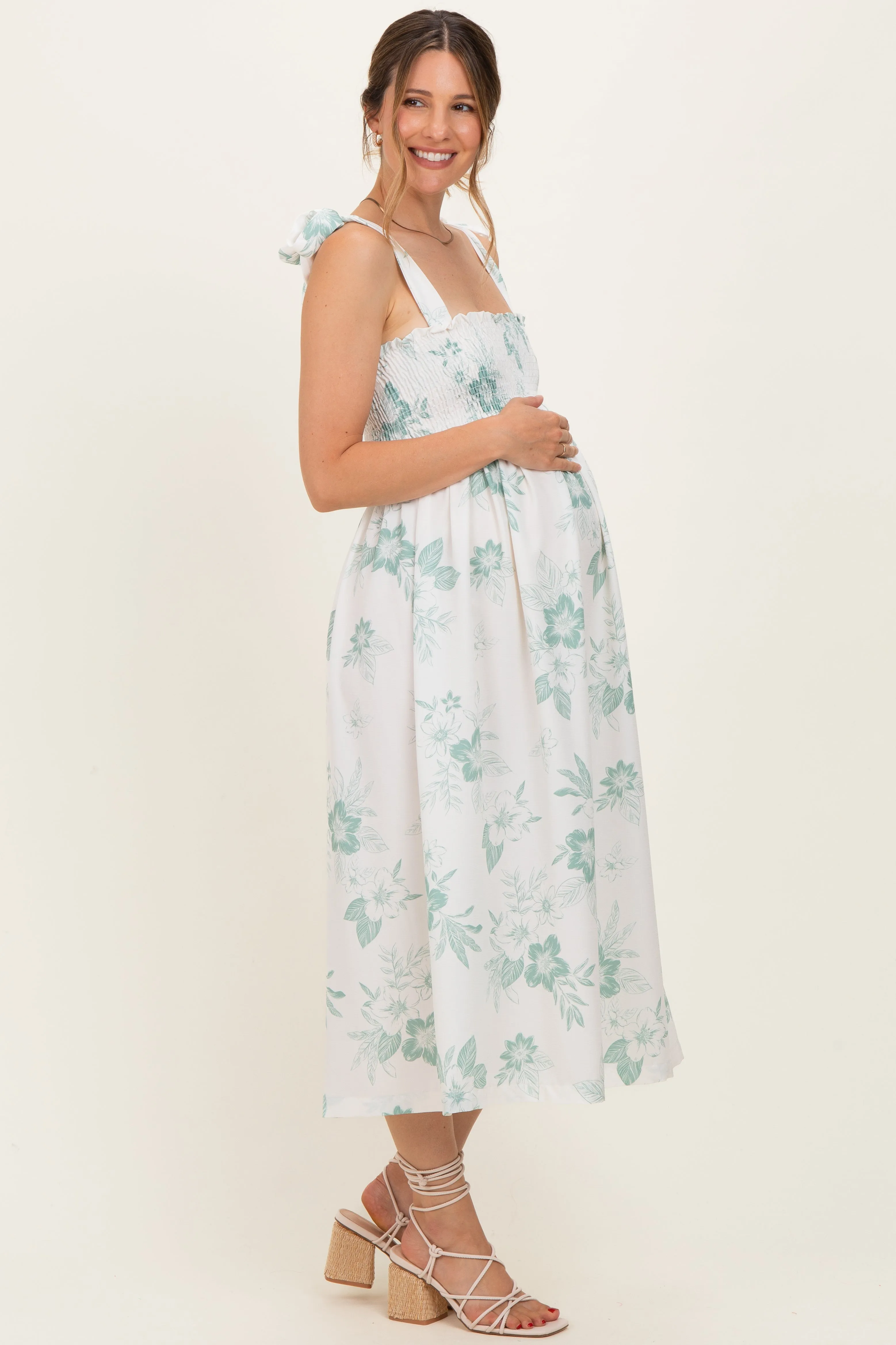 Sage Floral Smocked Maternity Midi Dress sold by Pinkblush product image thumbnail 2