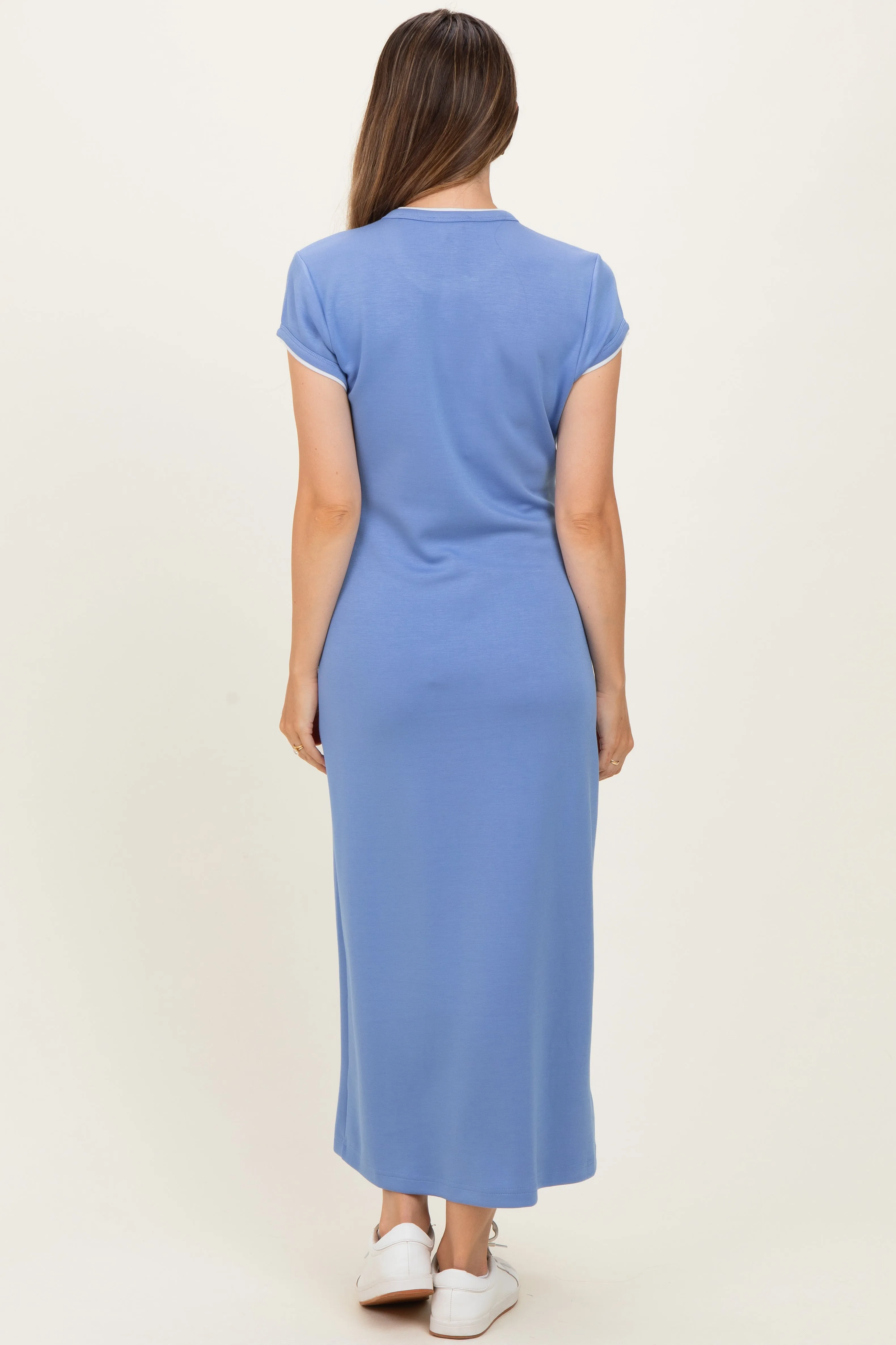 Chambray Blue Contrast Trim Short Sleeve Maternity Midi Dress sold by Pinkblush product image thumbnail 3