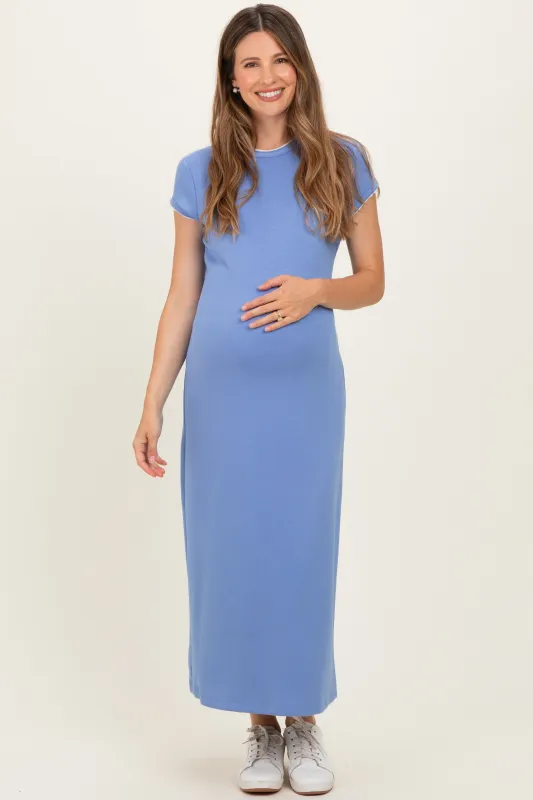 Chambray Blue Contrast Trim Short Sleeve Maternity Midi Dress made by entro