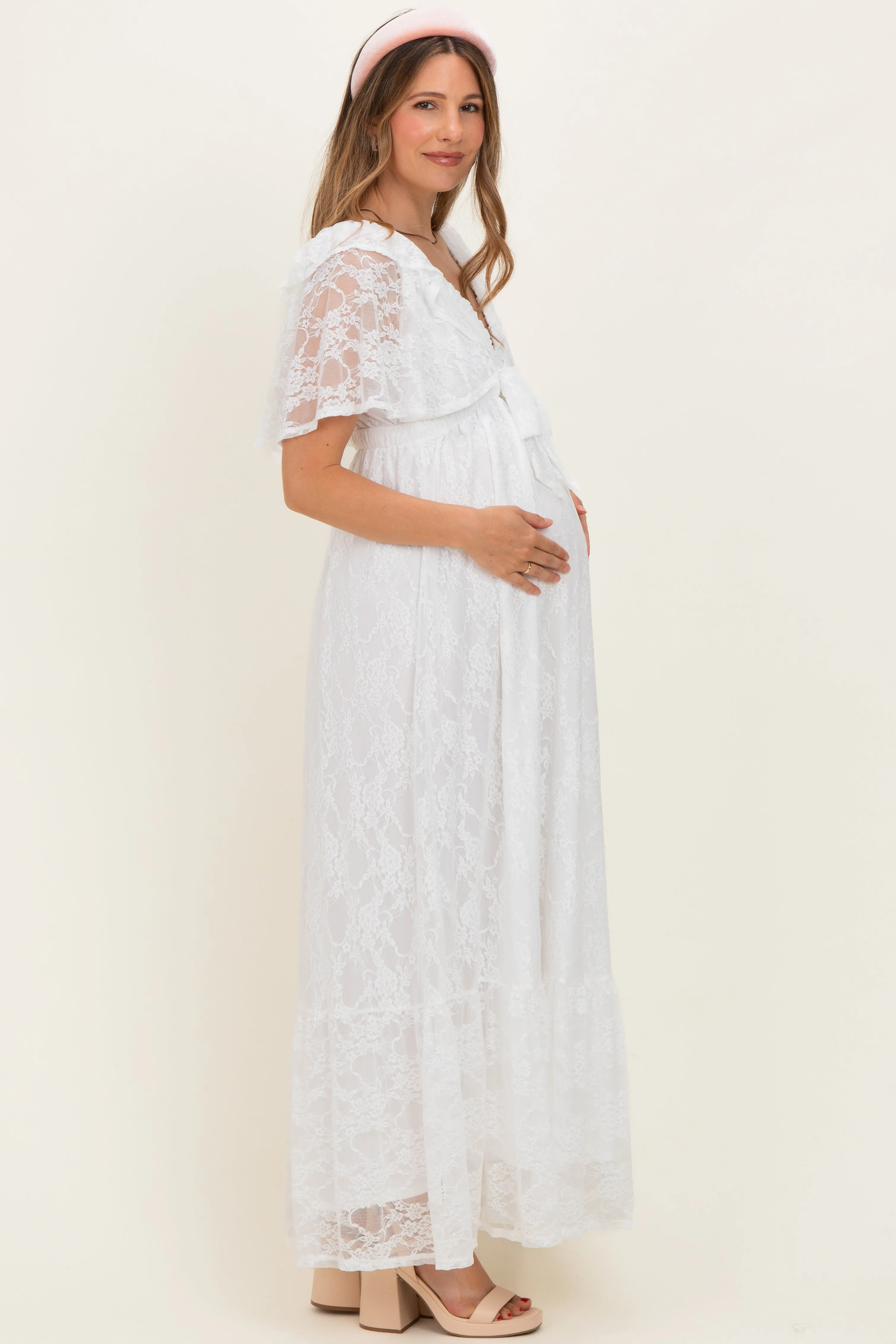 Ivory Lace Flutter Sleeve Tiered Maternity Maxi Dress sold by Pinkblush product image thumbnail 2