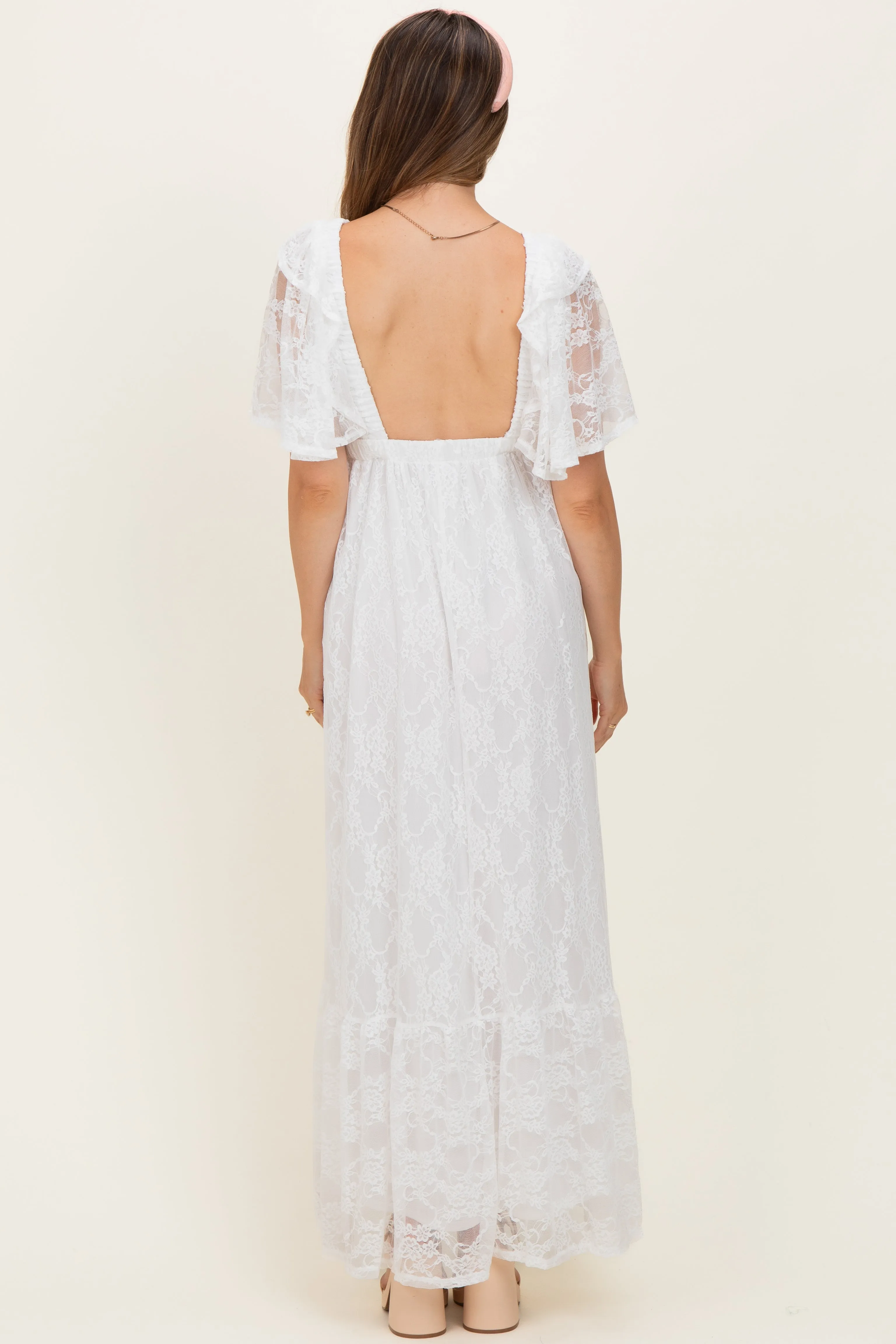 Ivory Lace Flutter Sleeve Tiered Maternity Maxi Dress sold by Pinkblush product image thumbnail 3