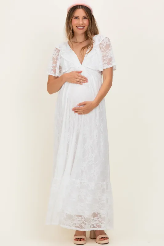 Ivory Lace Flutter Sleeve Tiered Maternity Maxi Dress made by Pinkblush