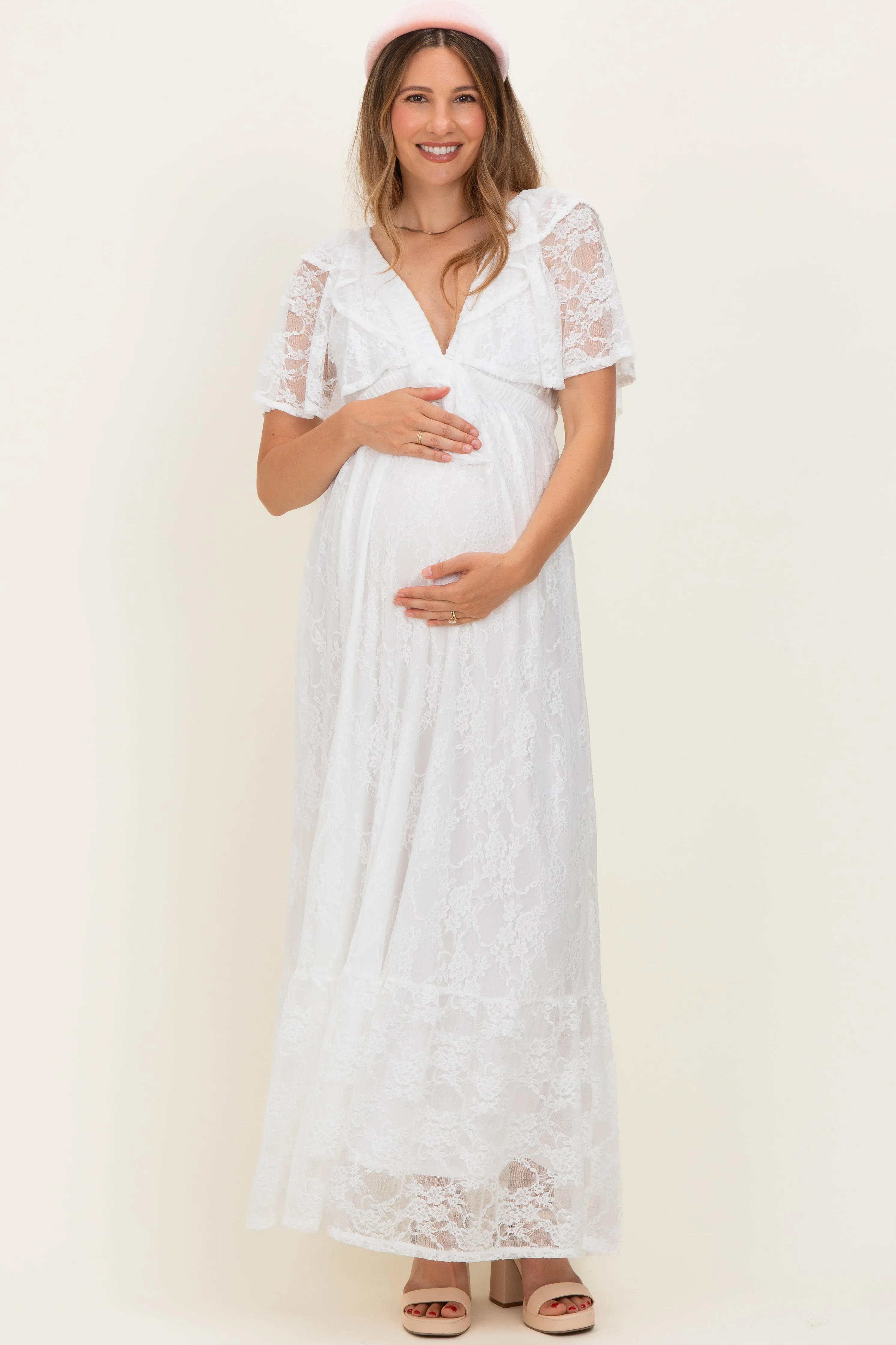 Ivory Lace Flutter Sleeve Tiered Maternity Maxi Dress sold by Pinkblush