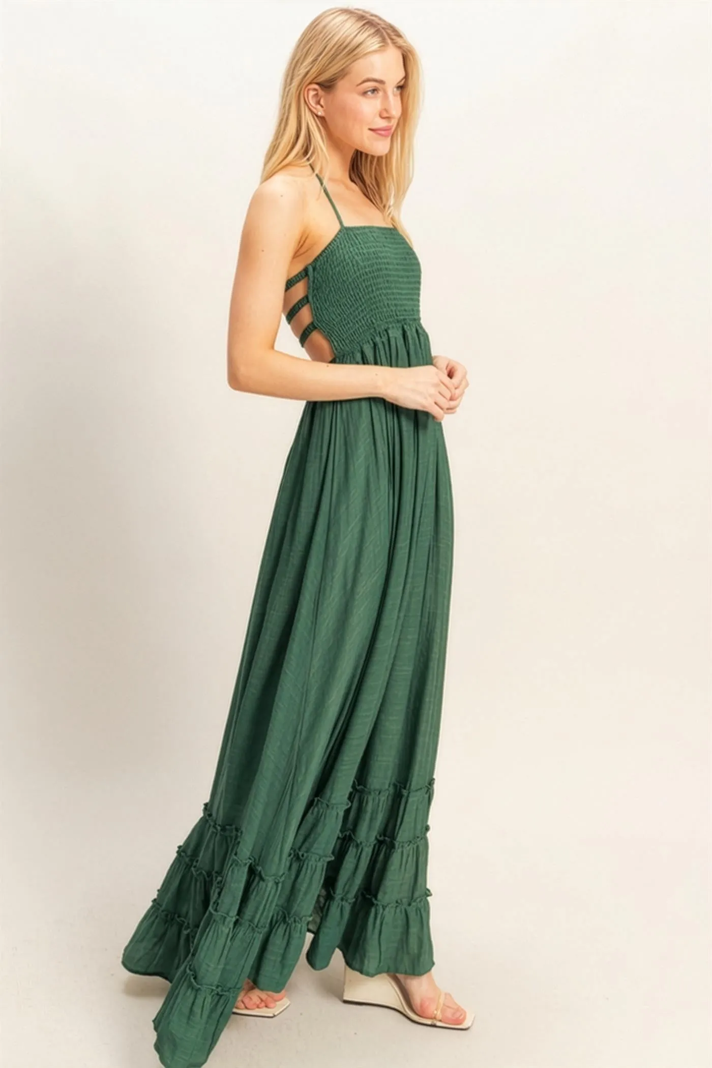 Hunter Green Smocked Halter Open Back Maxi Dress sold by Pinkblush product image thumbnail 3