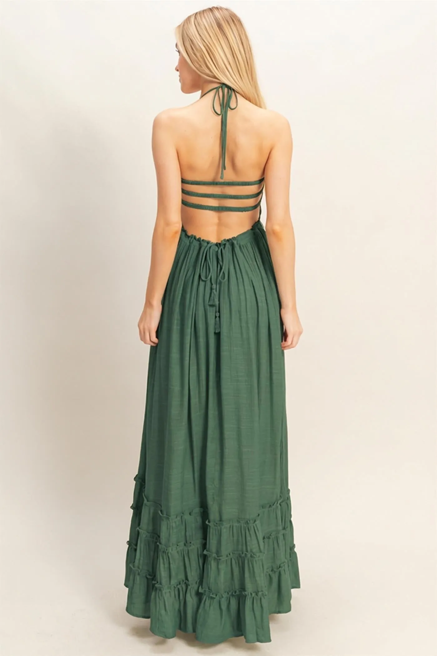 Hunter Green Smocked Halter Open Back Maxi Dress sold by Pinkblush product image thumbnail 4