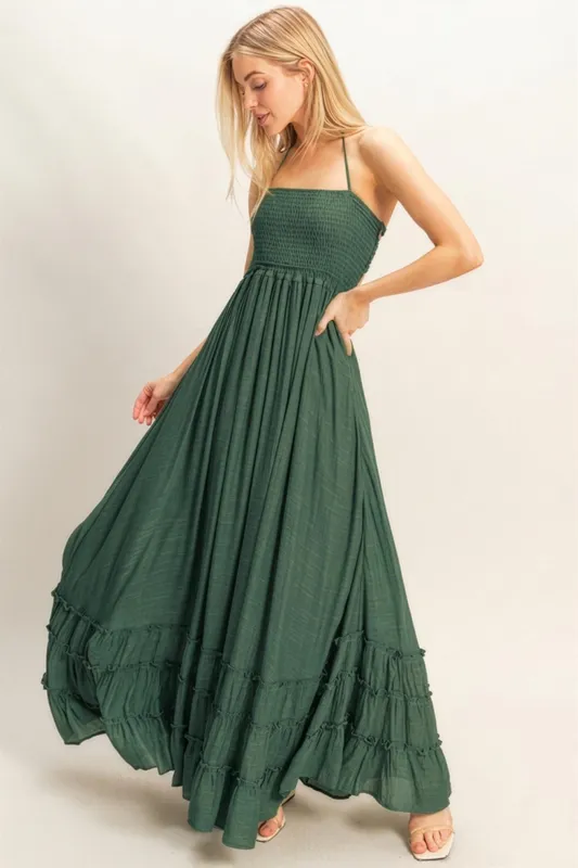 Hunter Green Smocked Halter Open Back Maxi Dress made by HYFVE