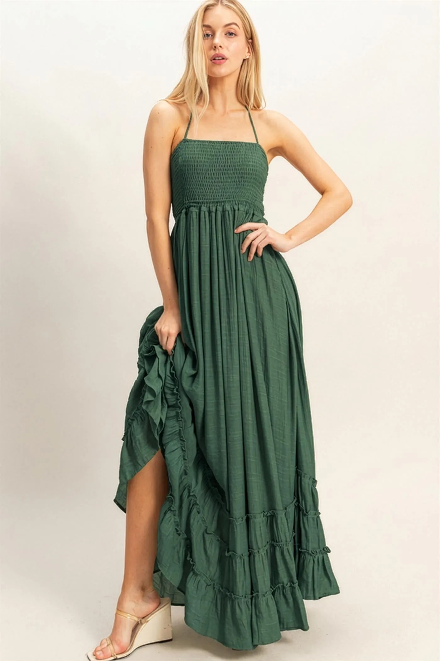 Hunter Green Smocked Halter Open Back Maxi Dress sold by Pinkblush product image thumbnail 2