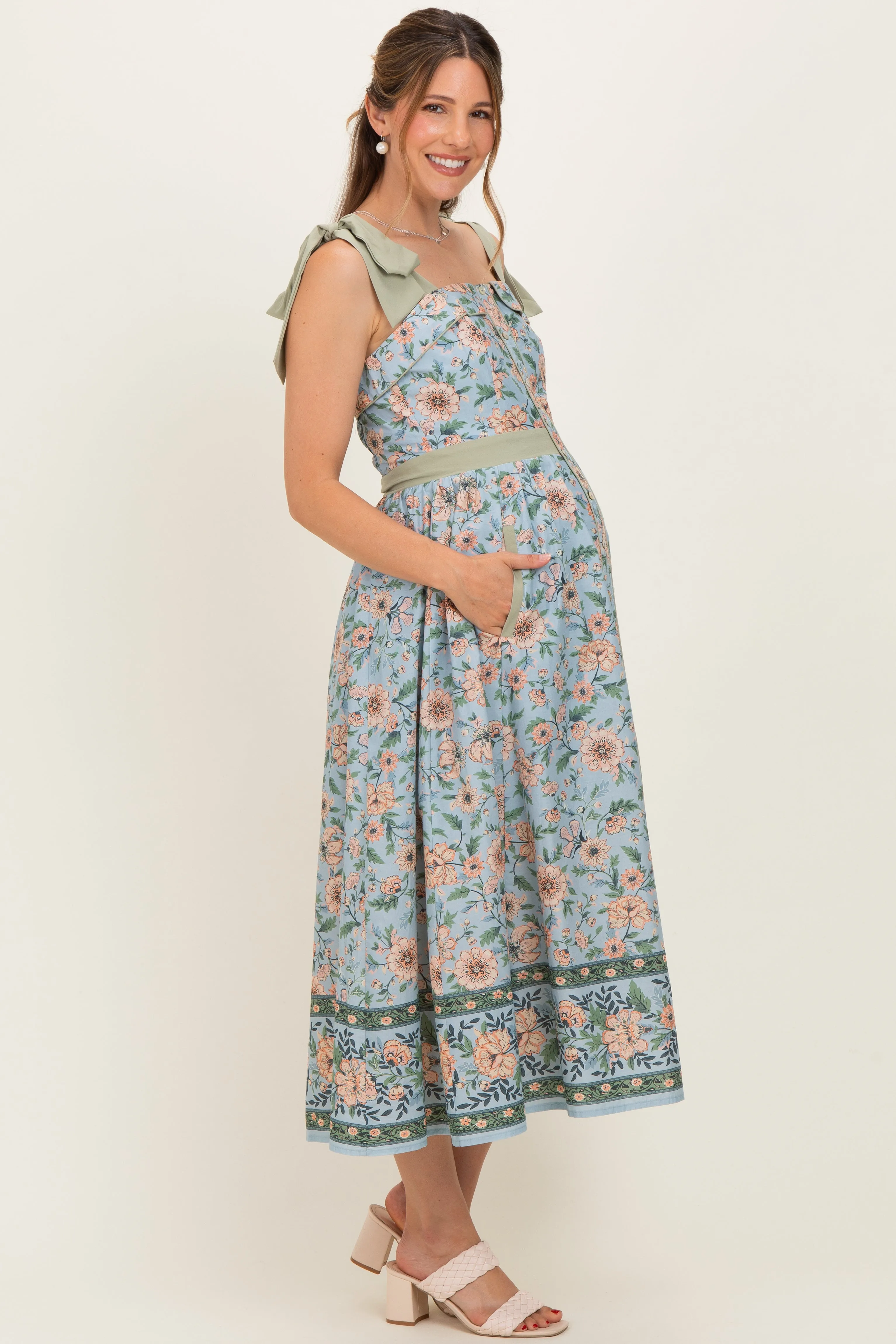 Dusty Blue Floral Shoulder Tie Button Down Maternity Midi Dress sold by Pinkblush product image thumbnail 2