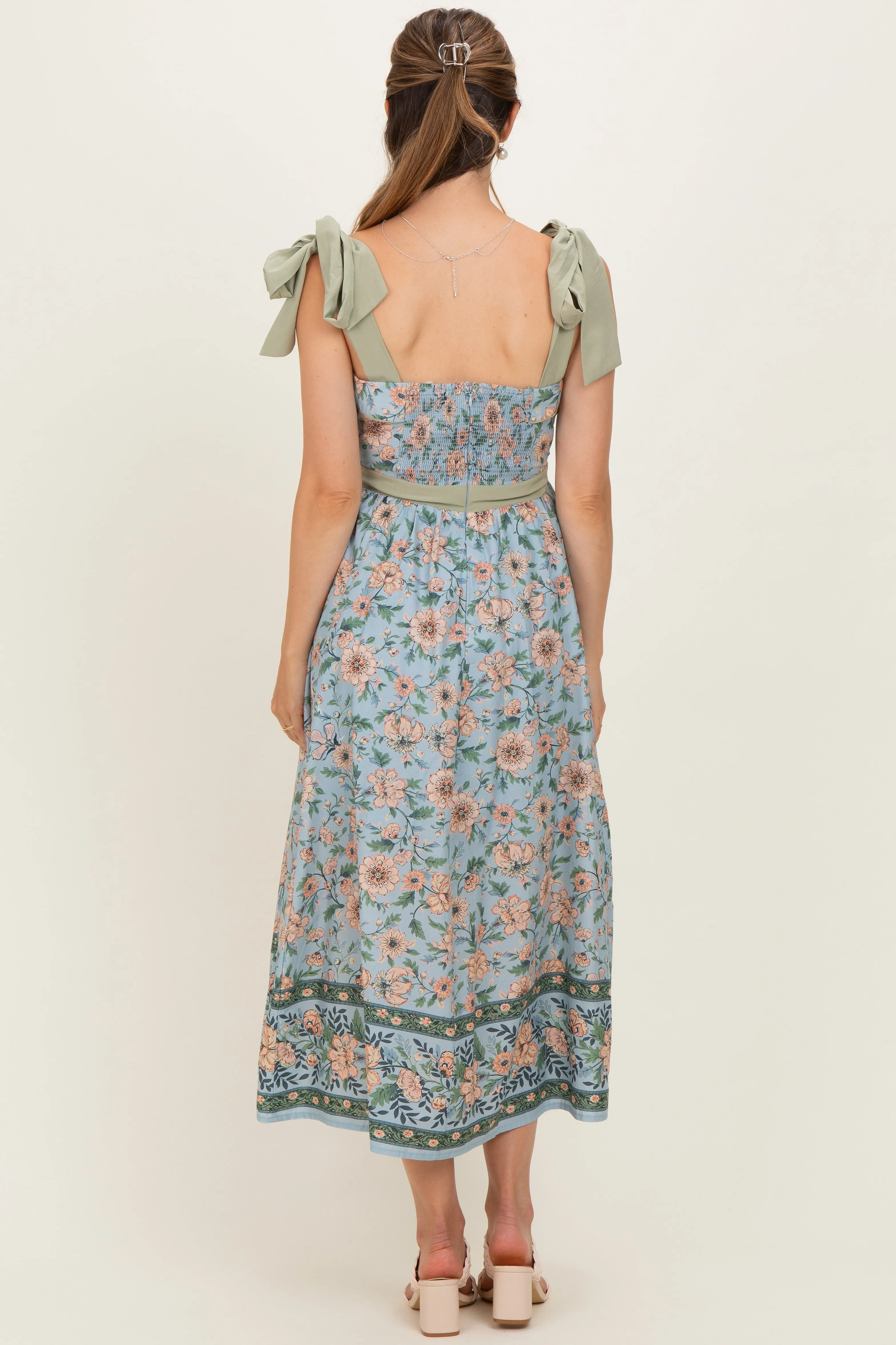 Dusty Blue Floral Shoulder Tie Button Down Maternity Midi Dress sold by Pinkblush product image thumbnail 3