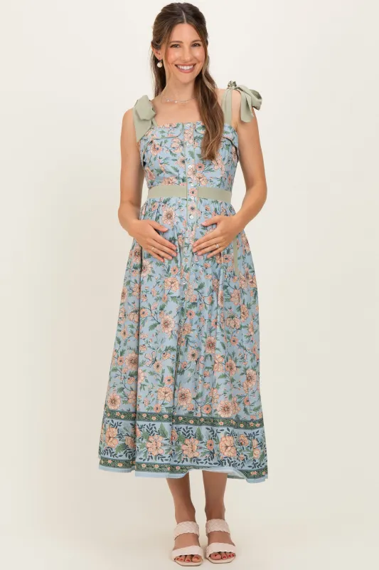 Dusty Blue Floral Shoulder Tie Button Down Maternity Midi Dress made by entro