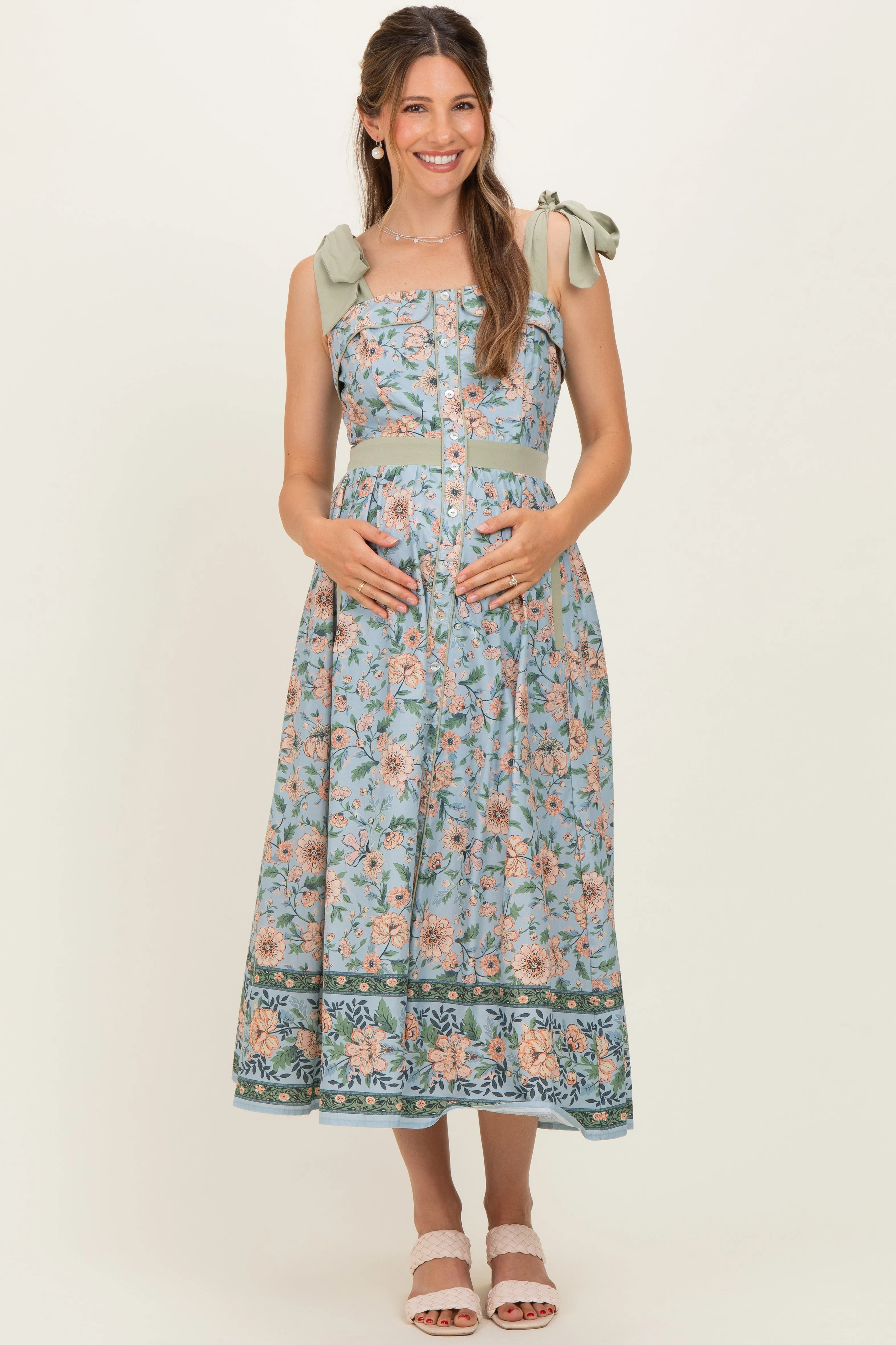 Dusty Blue Floral Shoulder Tie Button Down Maternity Midi Dress sold by Pinkblush