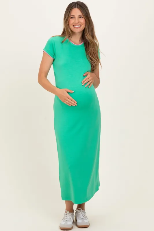 Green Contrast Trim Short Sleeve Maternity Midi Dress made by entro