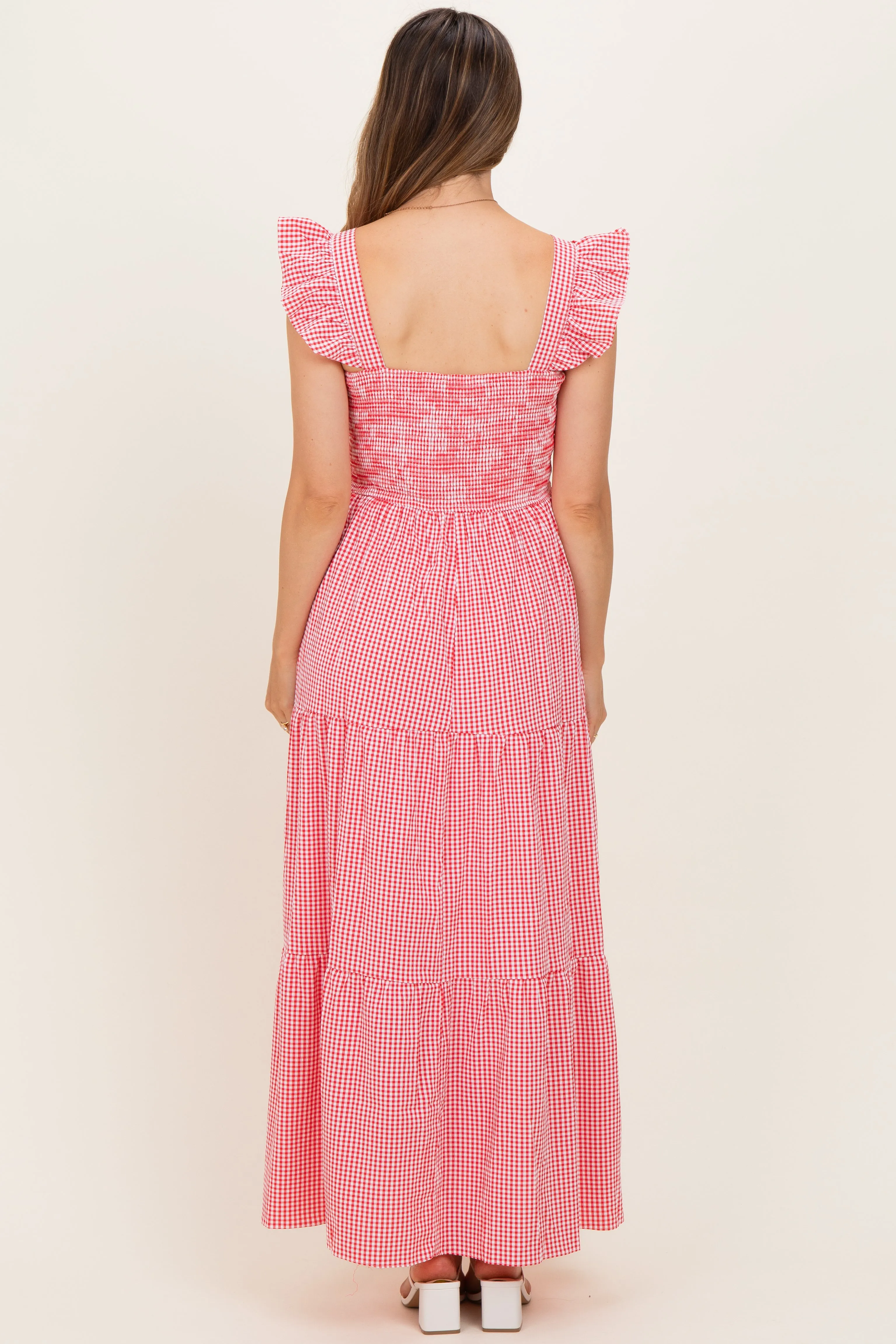 Red Gingham Ruffle Strap Smocked Maternity Maxi Dress sold by Pinkblush product image thumbnail 3