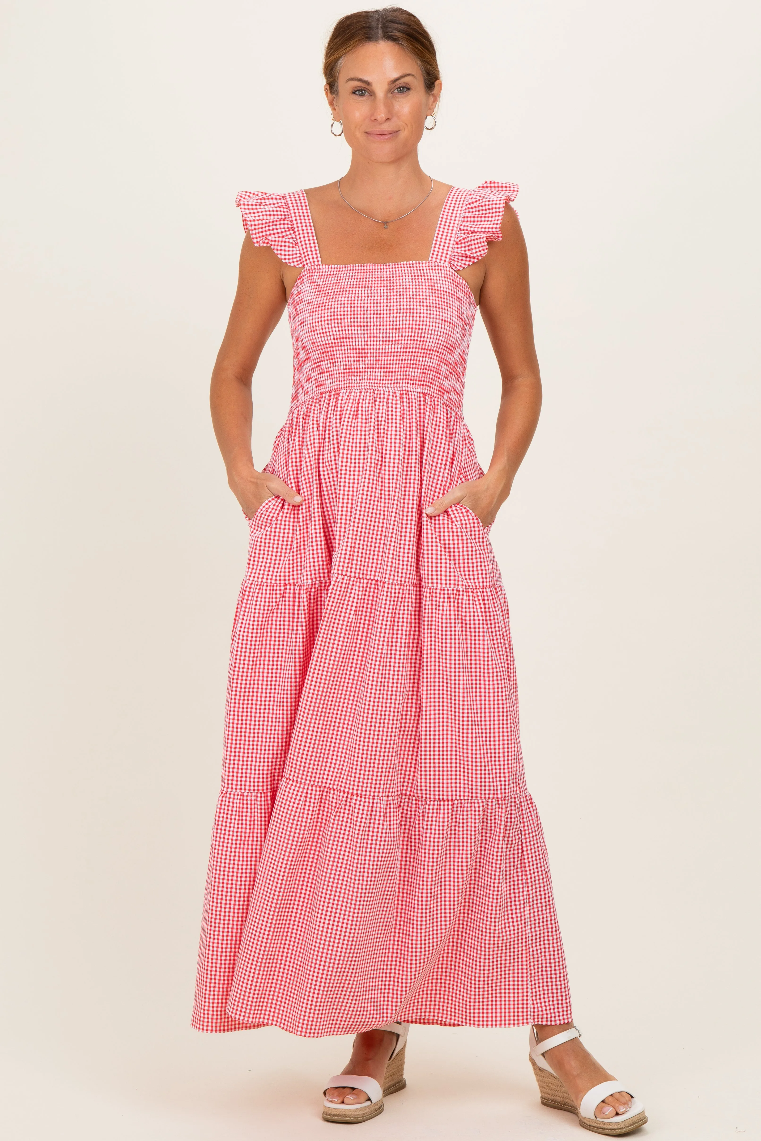 Red Gingham Ruffle Strap Smocked Maternity Maxi Dress sold by Pinkblush product image thumbnail 4