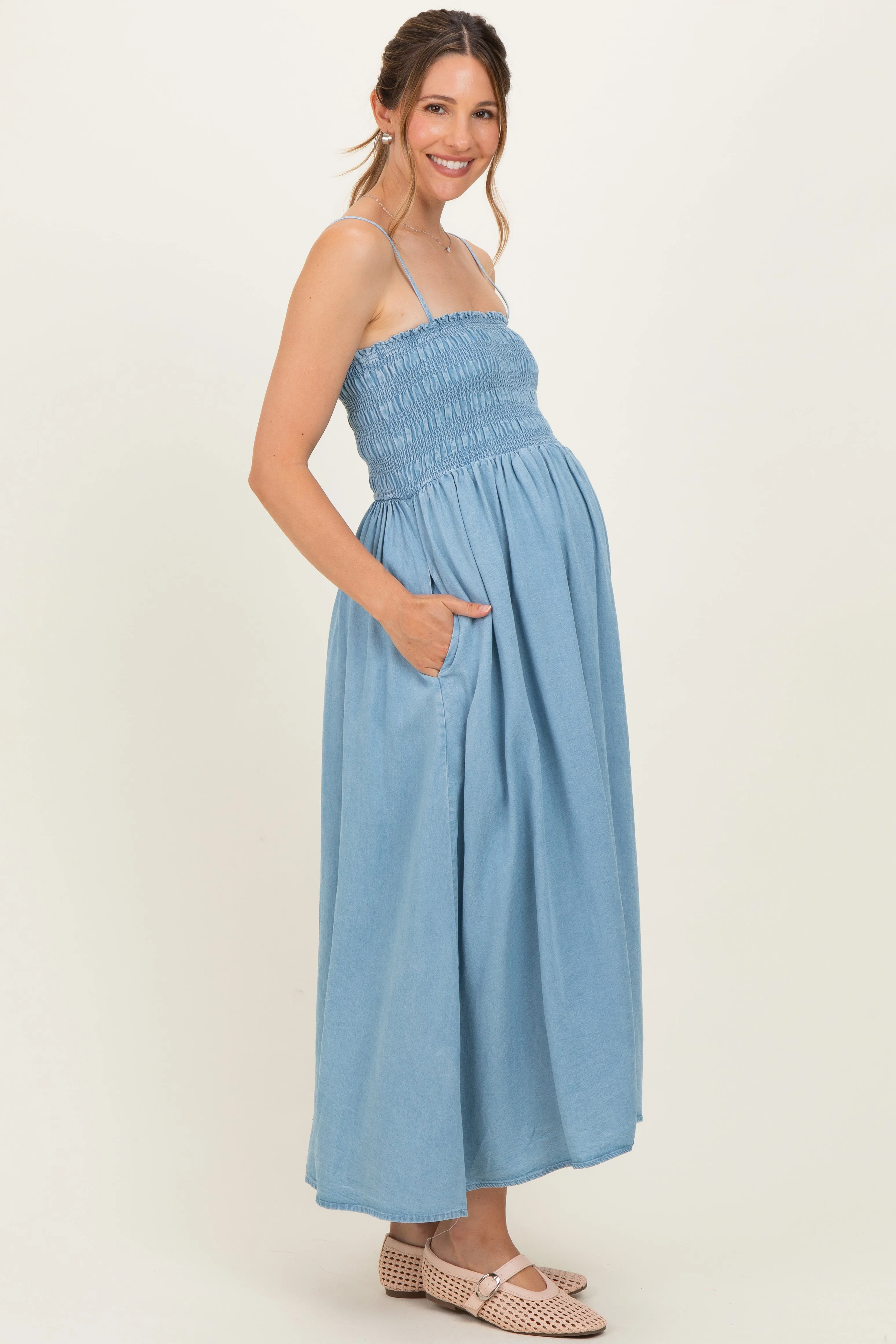 Light Chambray Smocked Maternity Midi Dress sold by Pinkblush product image thumbnail 2