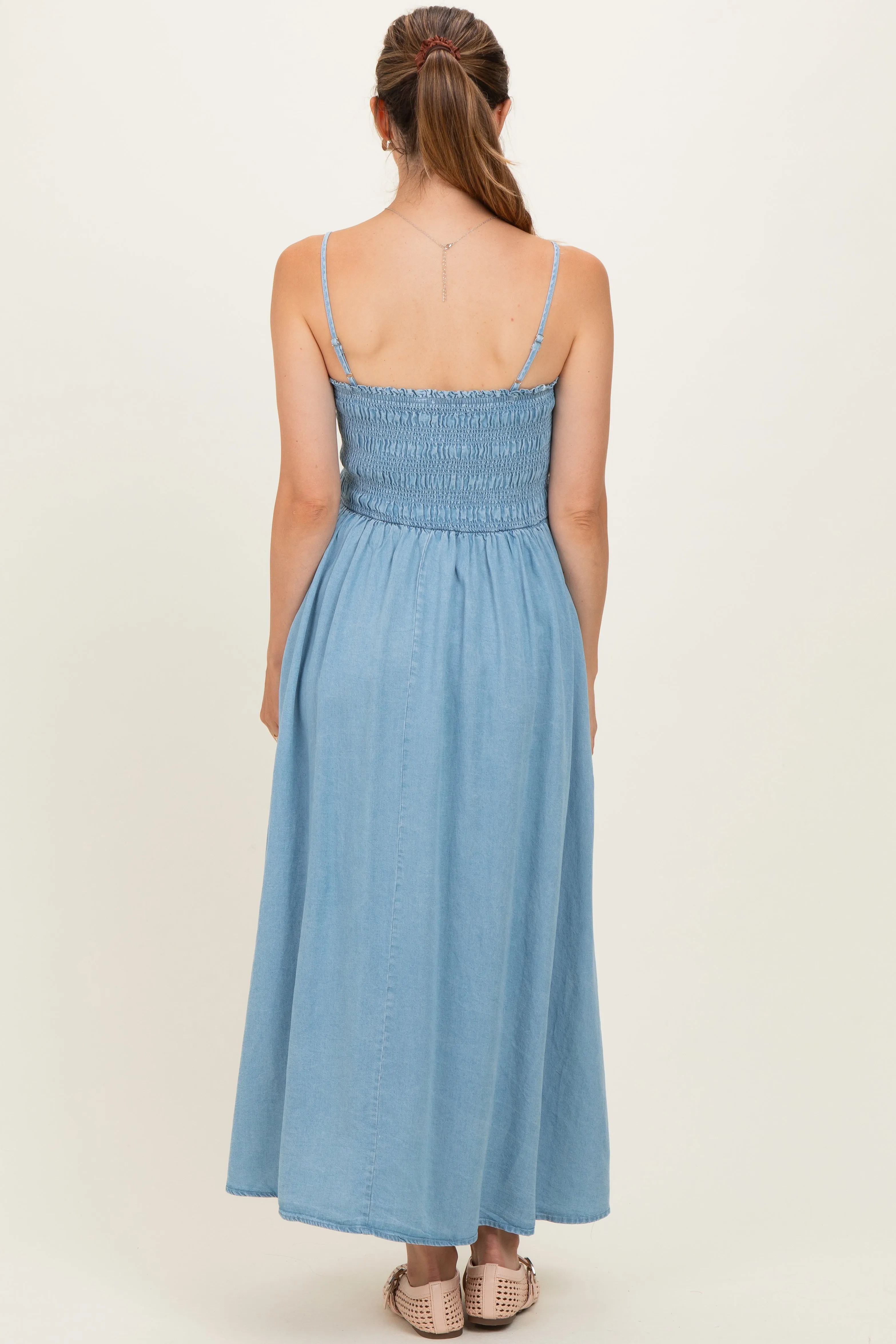 Light Chambray Smocked Maternity Midi Dress sold by Pinkblush product image thumbnail 3