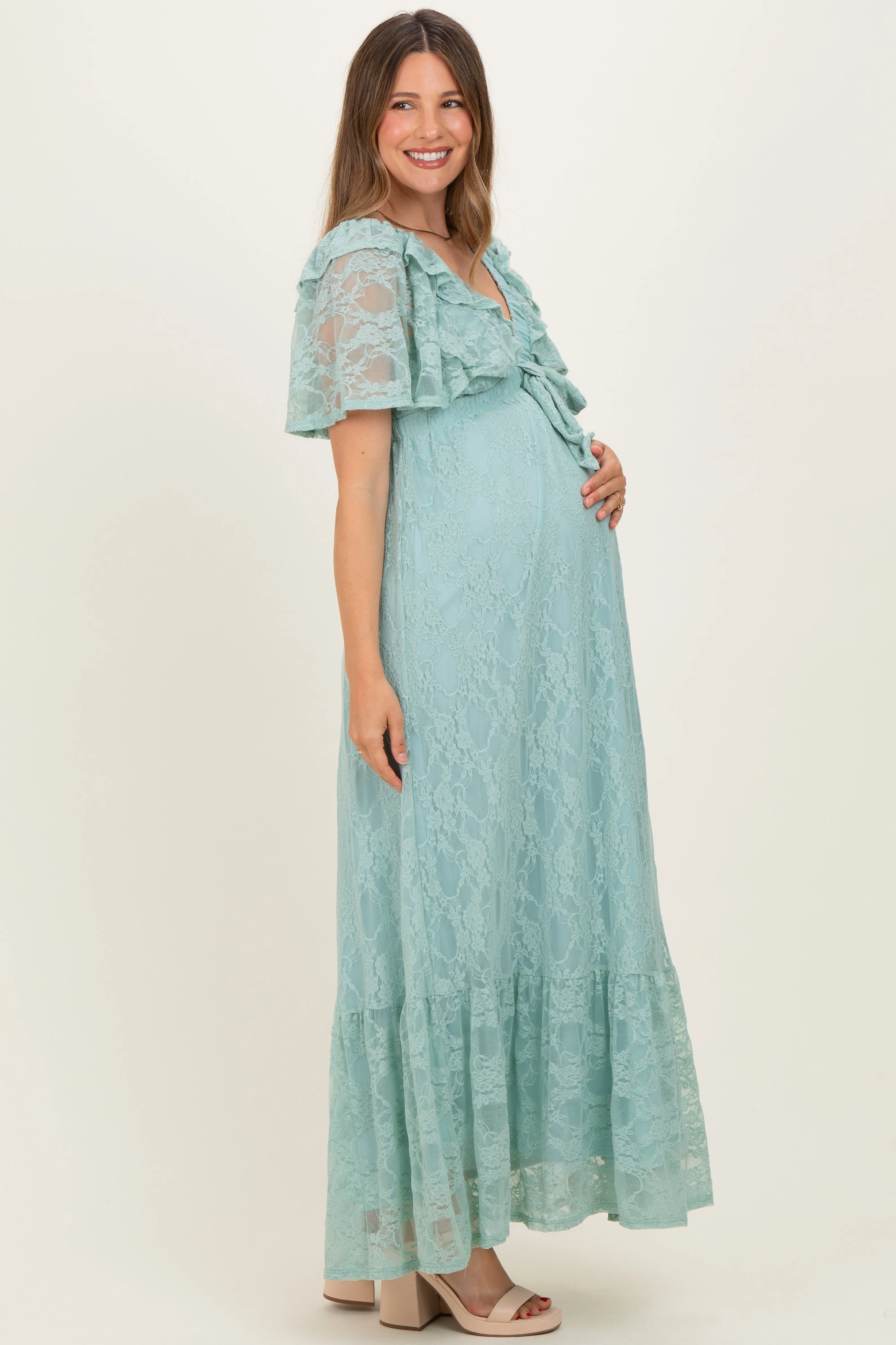 Sage Aqua Lace Flutter Sleeve Tiered Maternity Maxi Dress sold by Pinkblush product image thumbnail 3