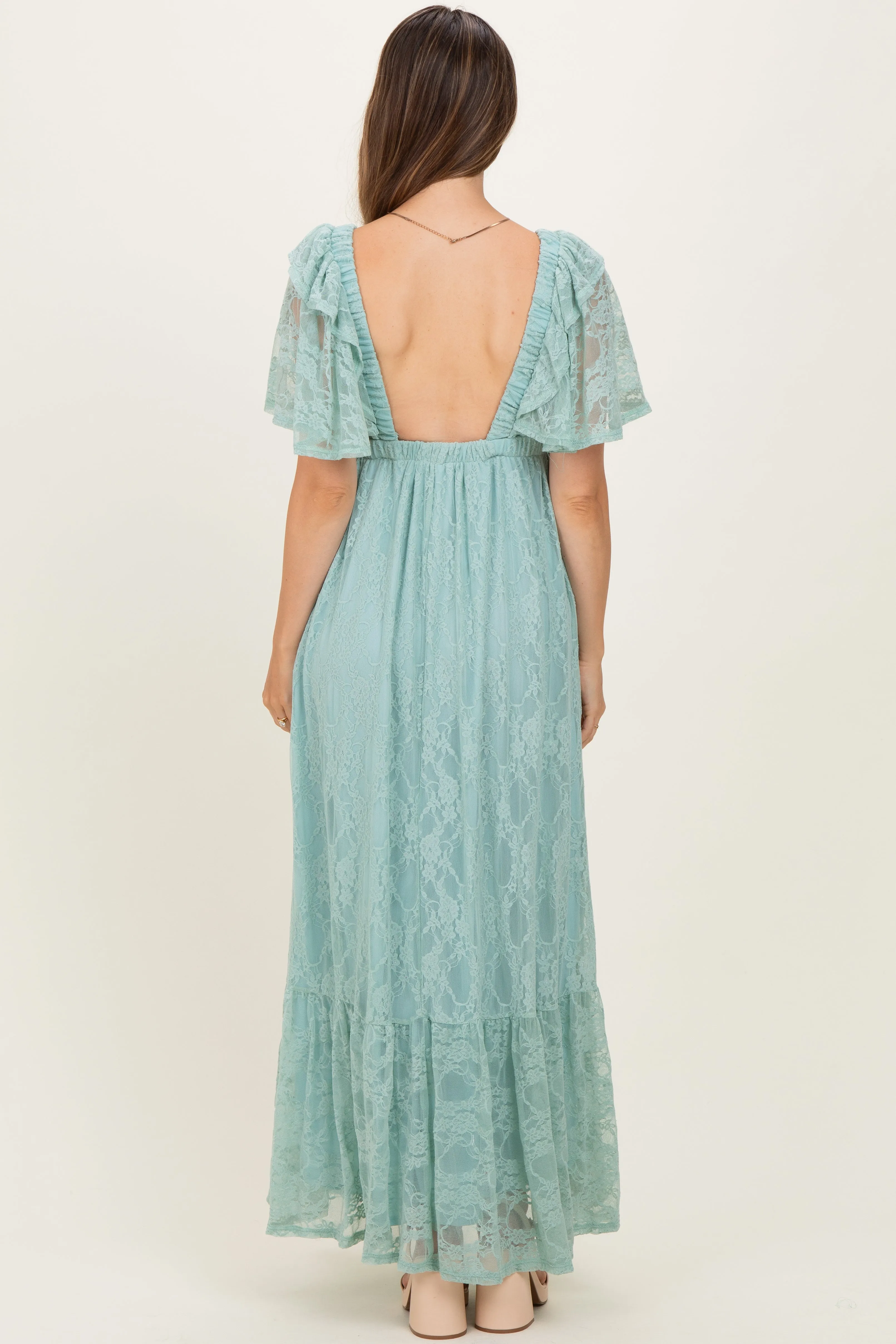 Sage Aqua Lace Flutter Sleeve Tiered Maternity Maxi Dress sold by Pinkblush product image thumbnail 4