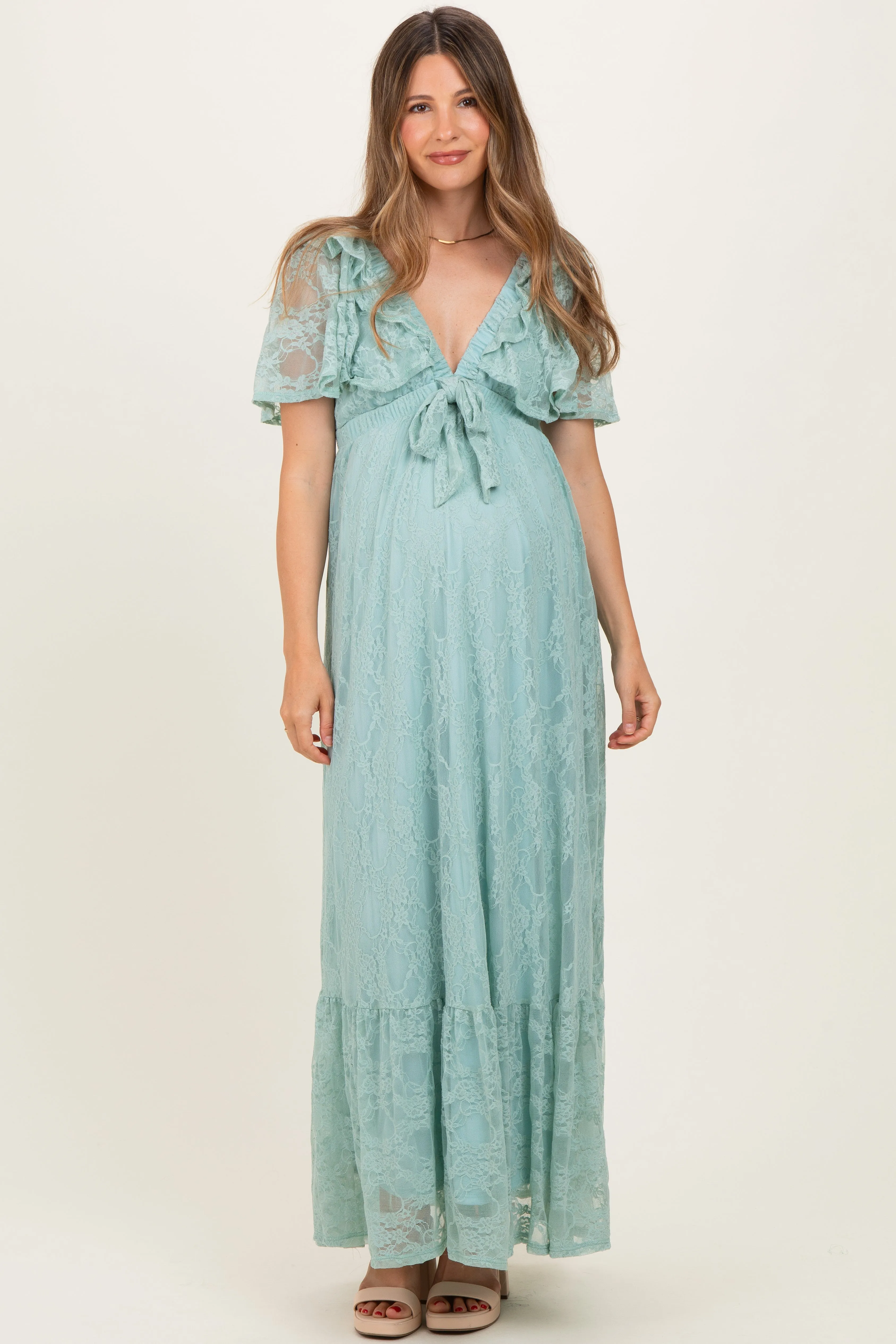Sage Aqua Lace Flutter Sleeve Tiered Maternity Maxi Dress sold by Pinkblush