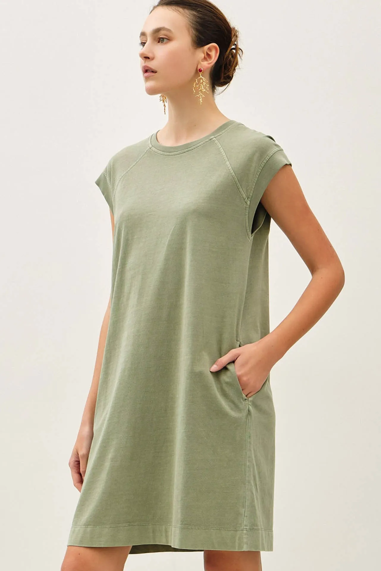 Olive Garment Washed Casual Capped Sleeve Dress sold by Pinkblush product image thumbnail 4