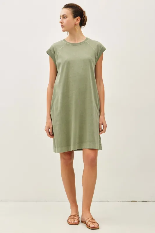Olive Garment Washed Casual Capped Sleeve Dress made by BE COOL