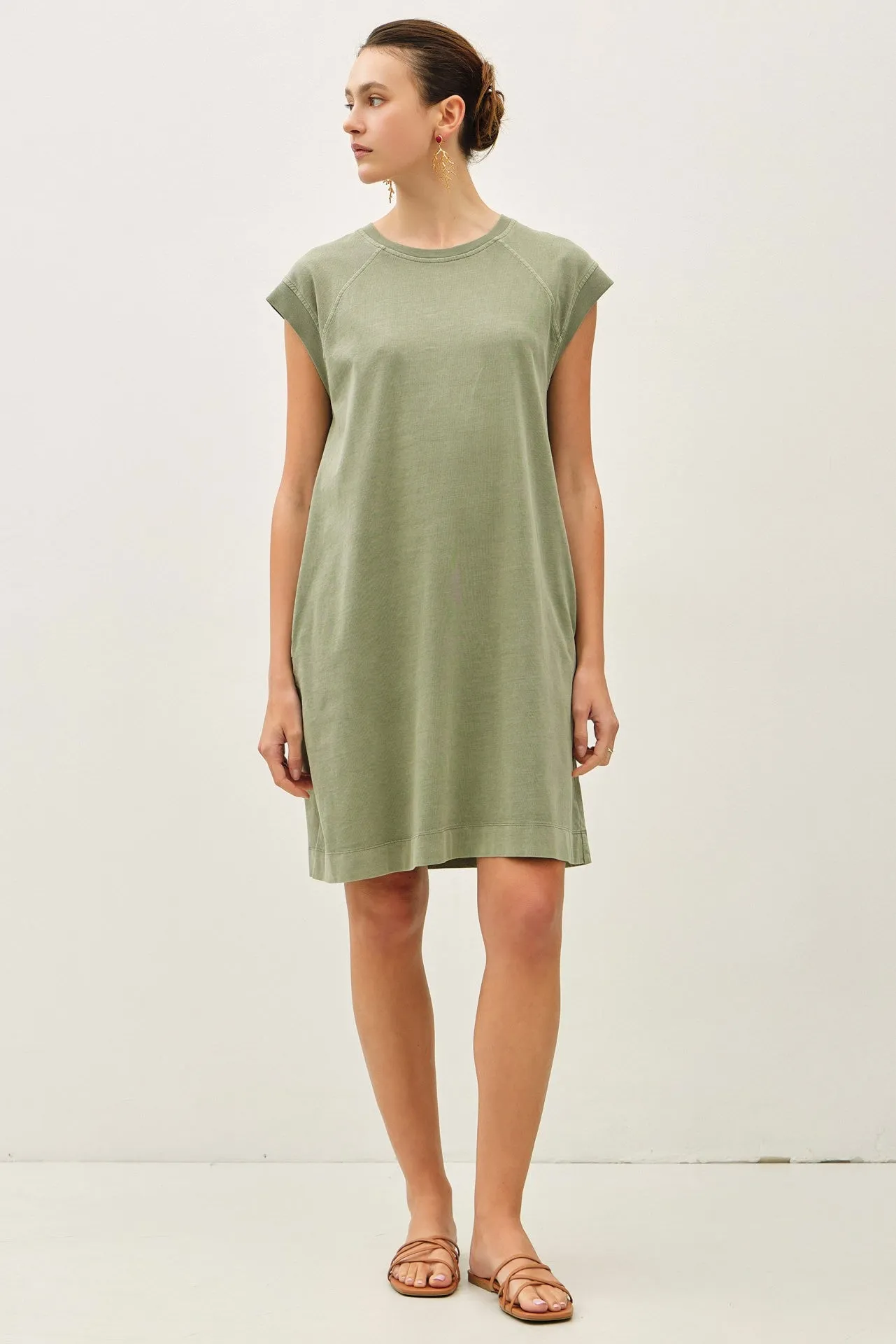 Olive Garment Washed Casual Capped Sleeve Dress sold by Pinkblush
