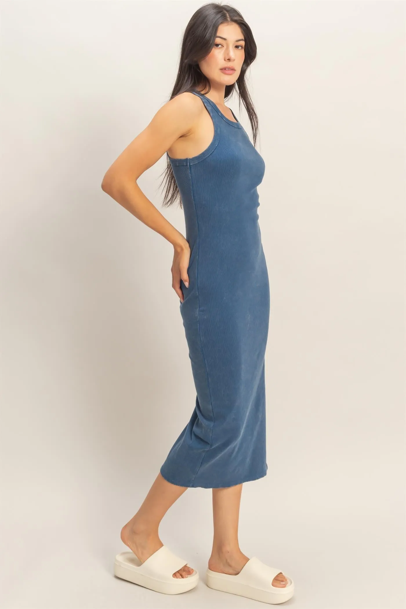 Navy Acid Washed Ribbed Midi Tank Dress sold by Pinkblush product image thumbnail 3