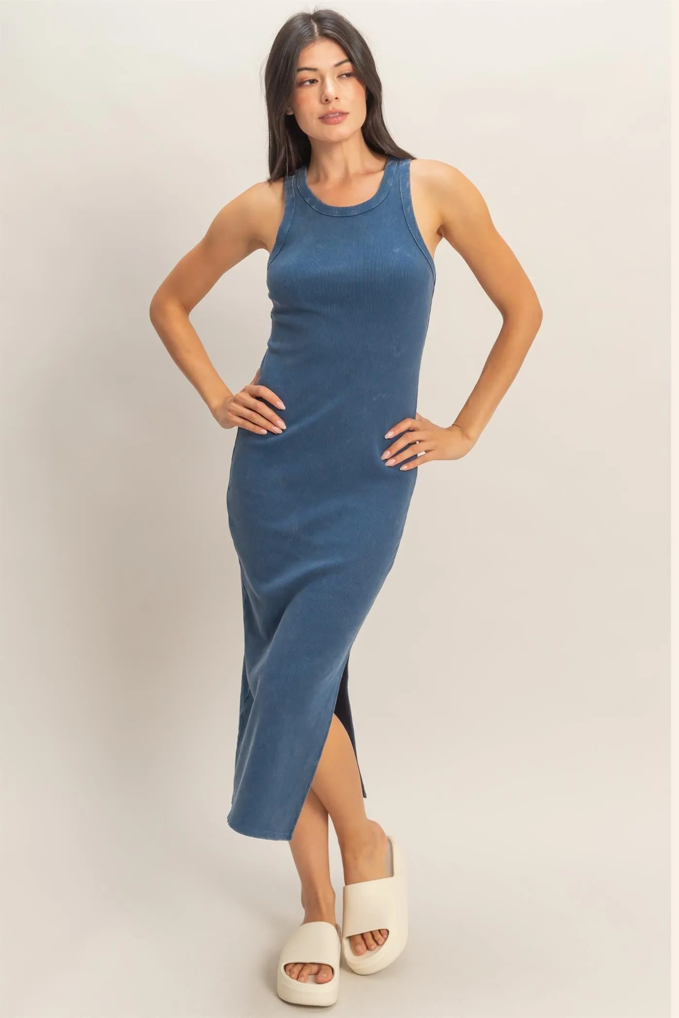 Navy Acid Washed Ribbed Midi Tank Dress sold by Pinkblush product image thumbnail 2