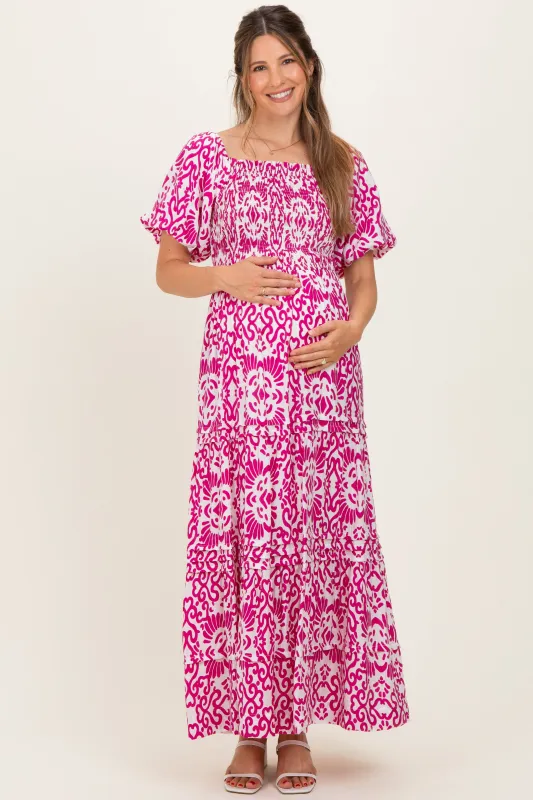 Fuchsia Printed Puff Sleeve Smocked Maternity Maxi Dress made by She and Sky