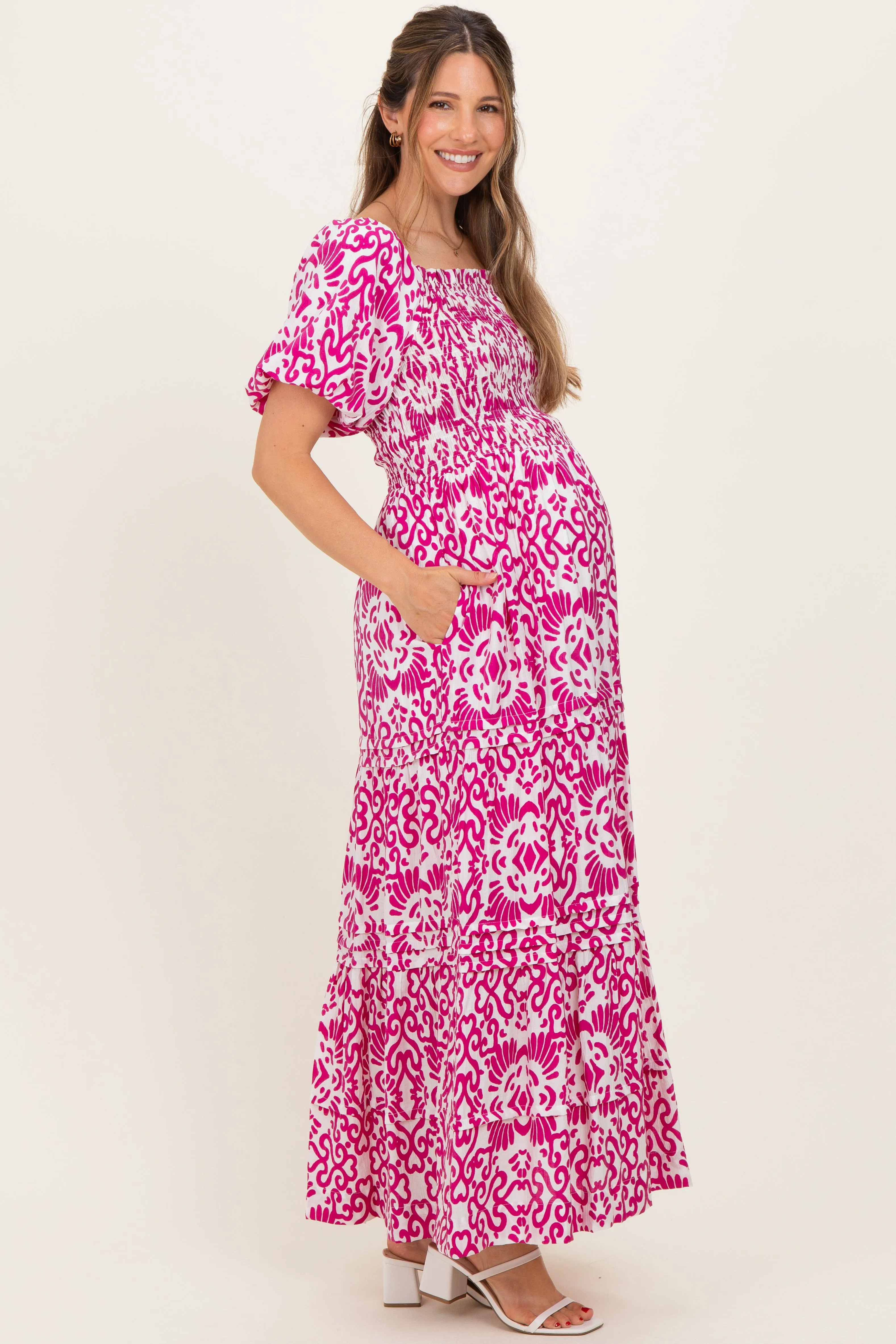 Fuchsia Printed Puff Sleeve Smocked Maternity Maxi Dress sold by Pinkblush product image thumbnail 2