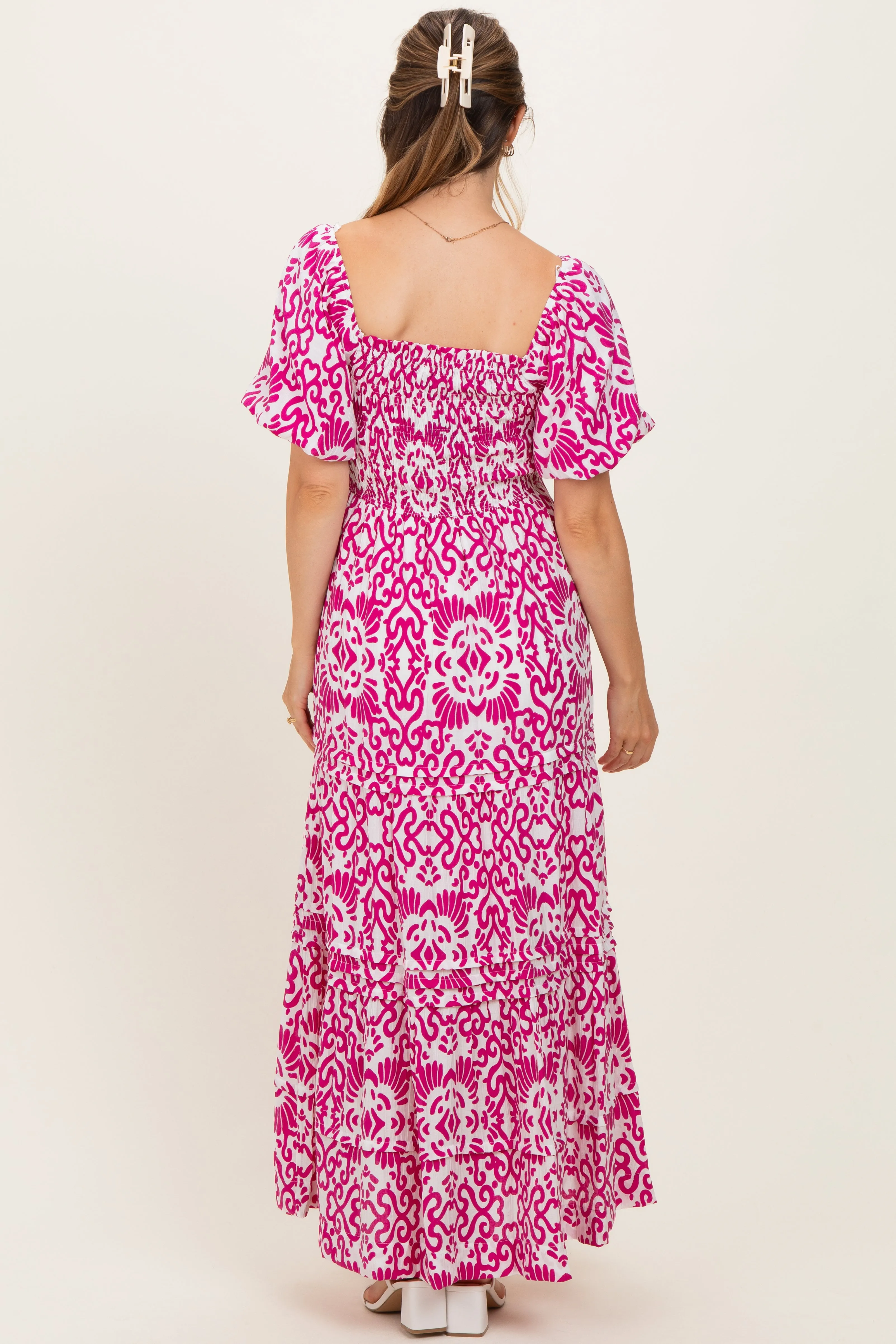 Fuchsia Printed Puff Sleeve Smocked Maternity Maxi Dress sold by Pinkblush product image thumbnail 3
