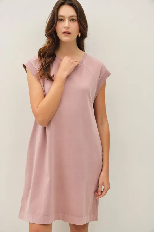 Pink Garment Washed Casual Capped Sleeve Dress made by BE COOL