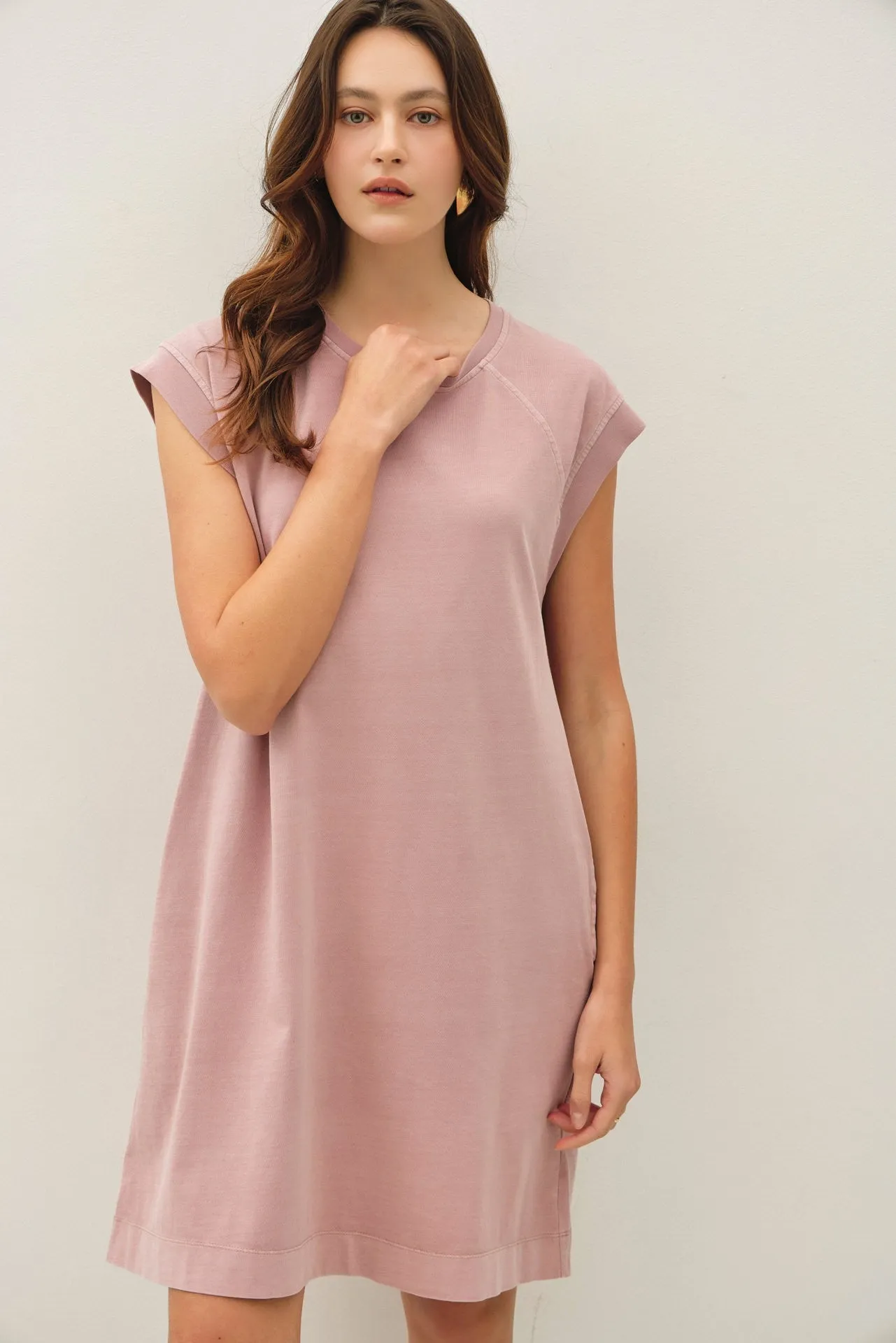 Pink Garment Washed Casual Capped Sleeve Dress sold by Pinkblush