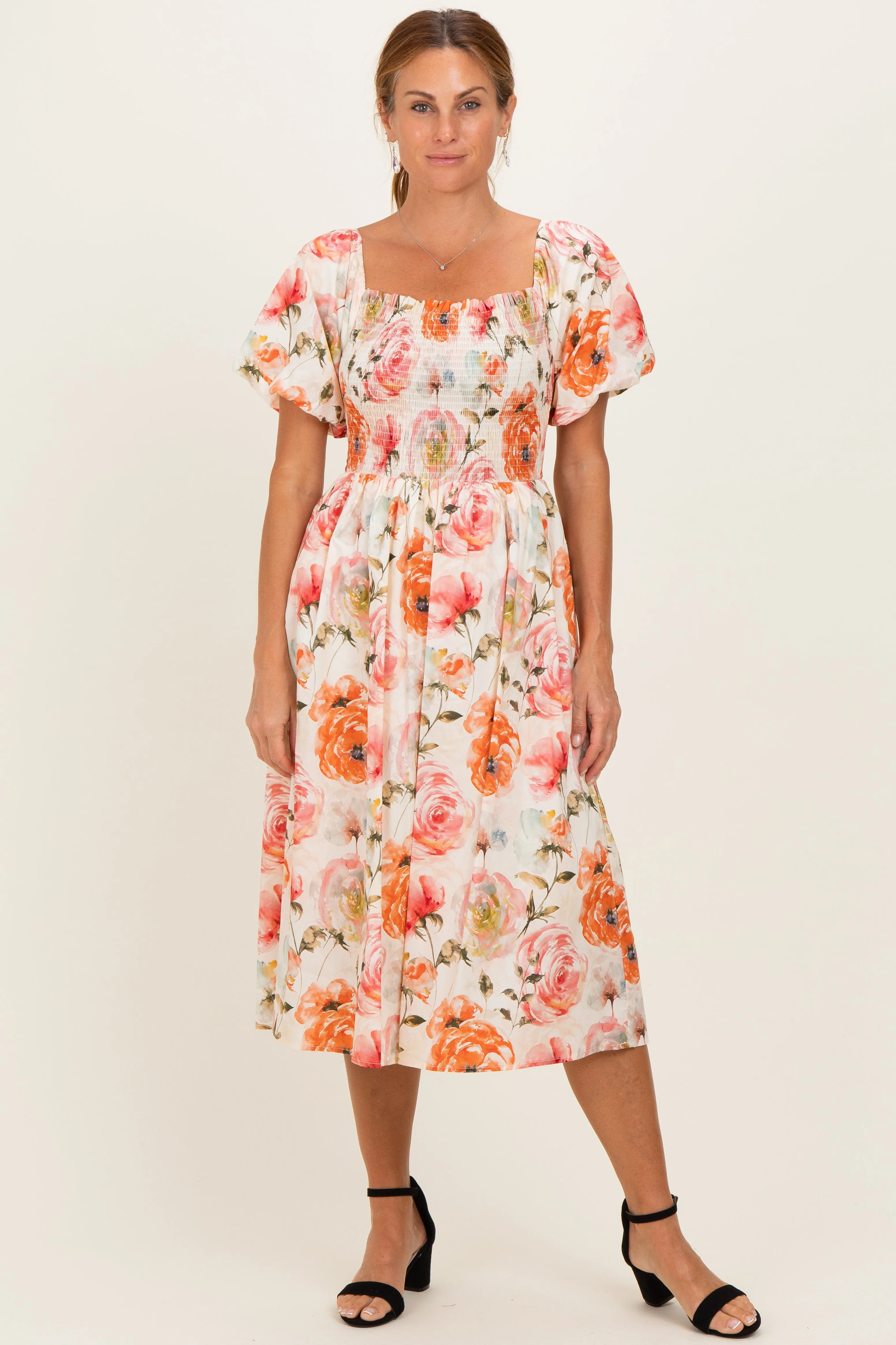 Rose Floral Smocked Puff Sleeve Maternity Midi Dress sold by Pinkblush product image thumbnail 4