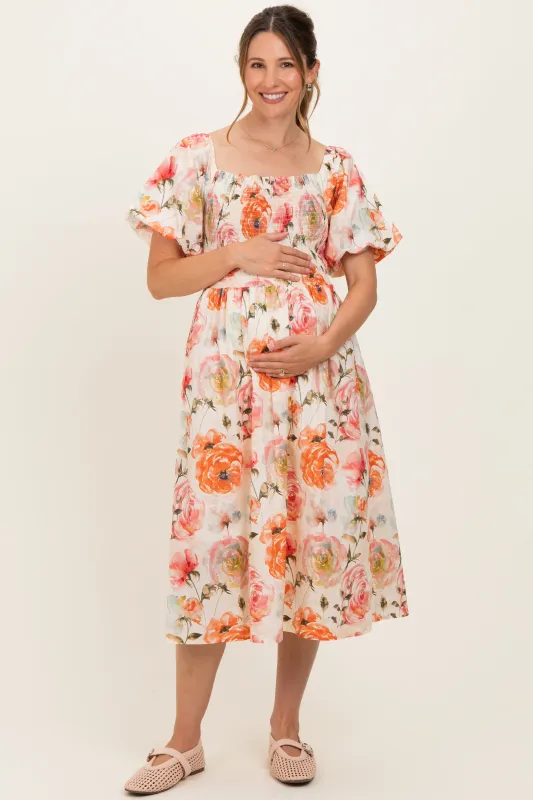 Rose Floral Smocked Puff Sleeve Maternity Midi Dress made by She and Sky