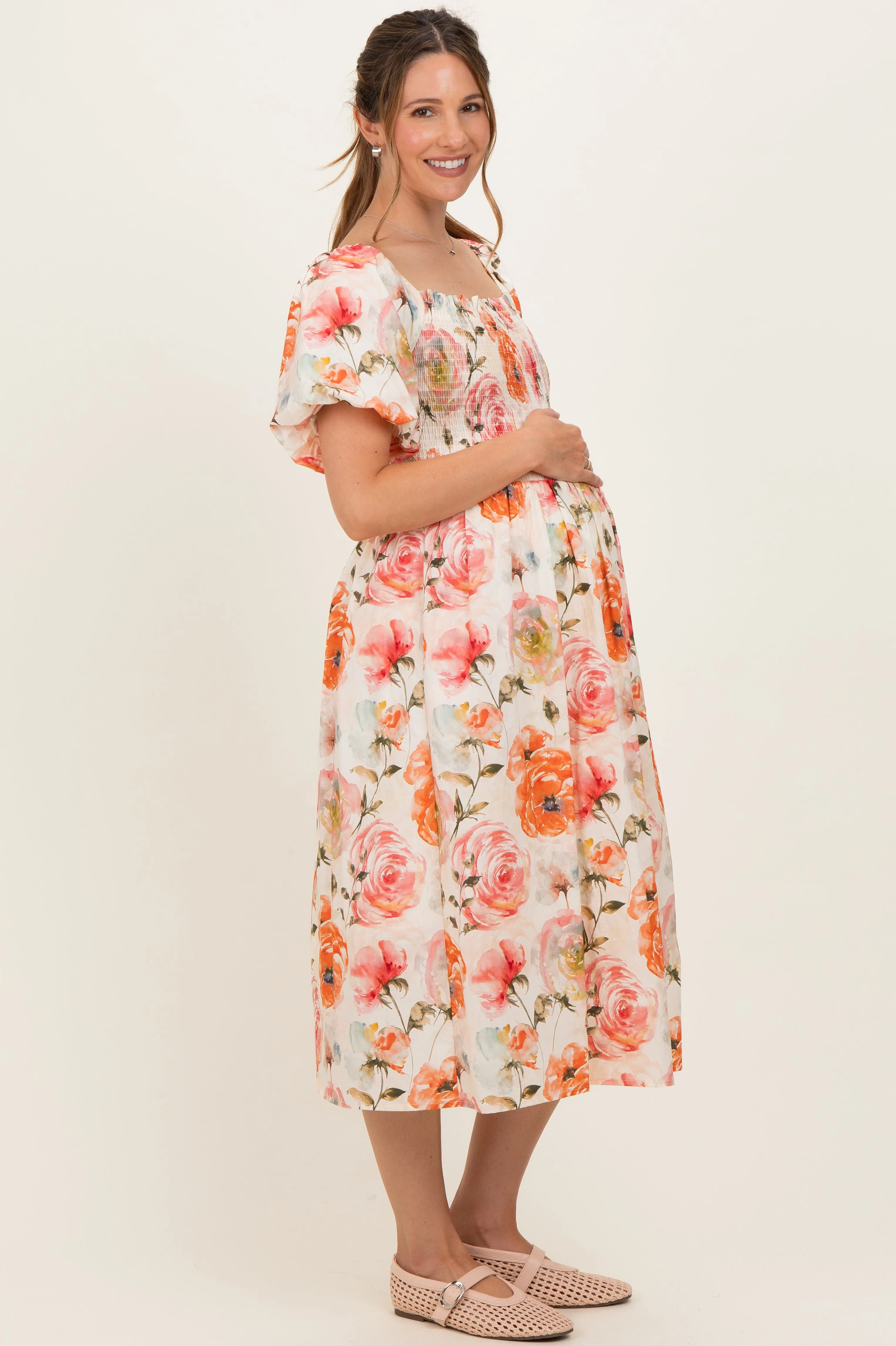 Rose Floral Smocked Puff Sleeve Maternity Midi Dress sold by Pinkblush product image thumbnail 2