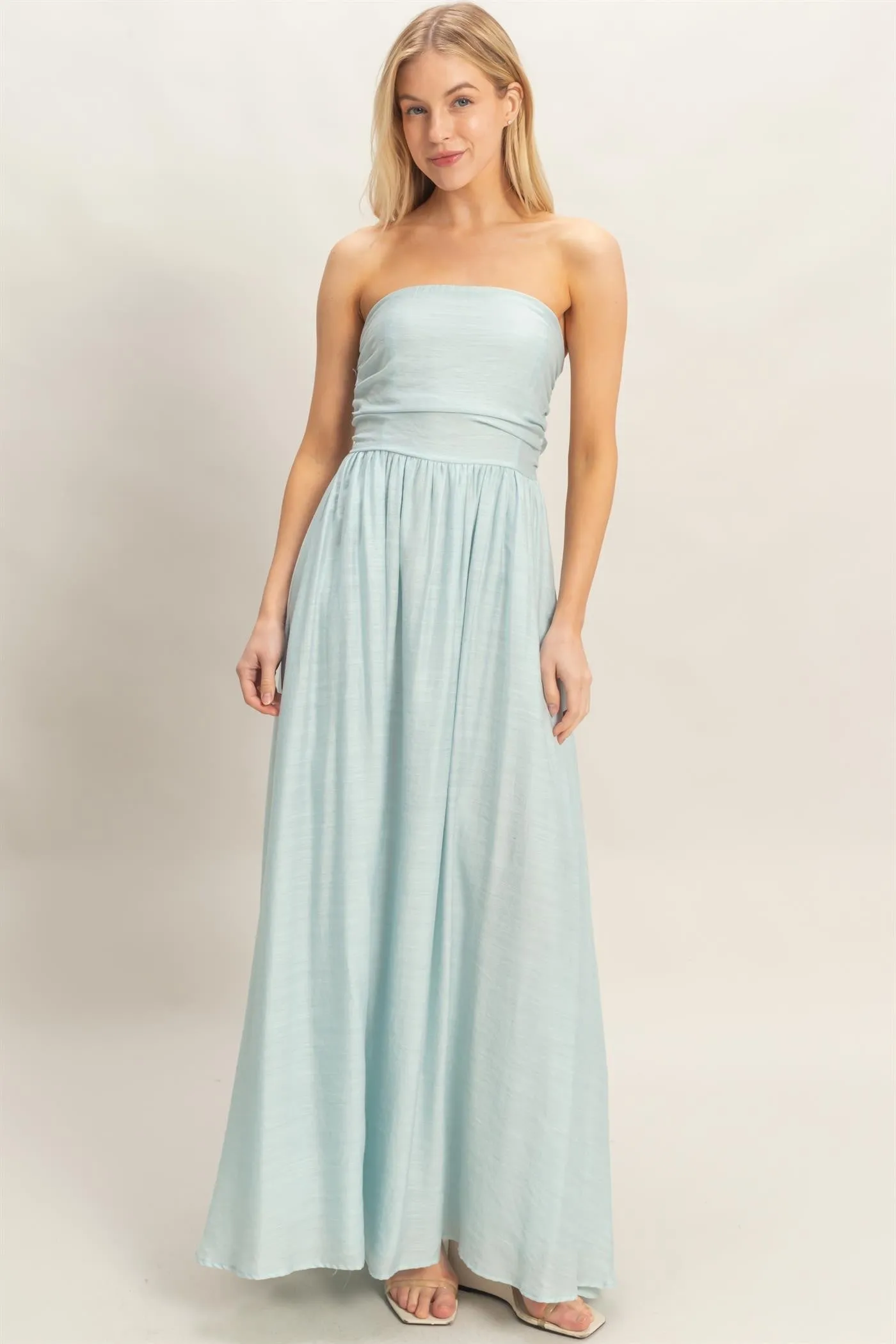 Light Blue Strapless Tie Back Maxi Dress sold by Pinkblush