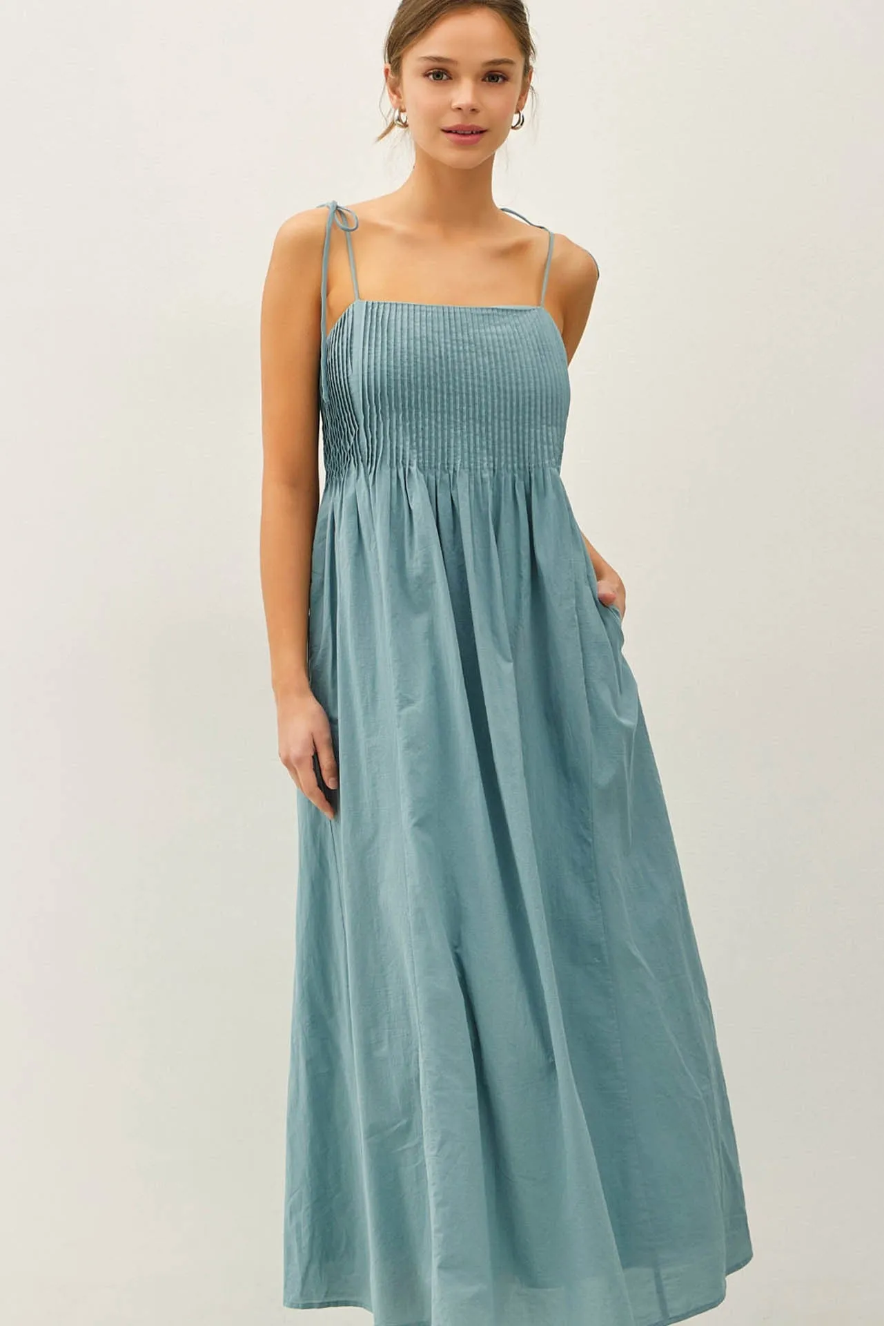 Teal Cotton Pintuck Tie Strap Maxi Dress sold by Pinkblush product image thumbnail 4