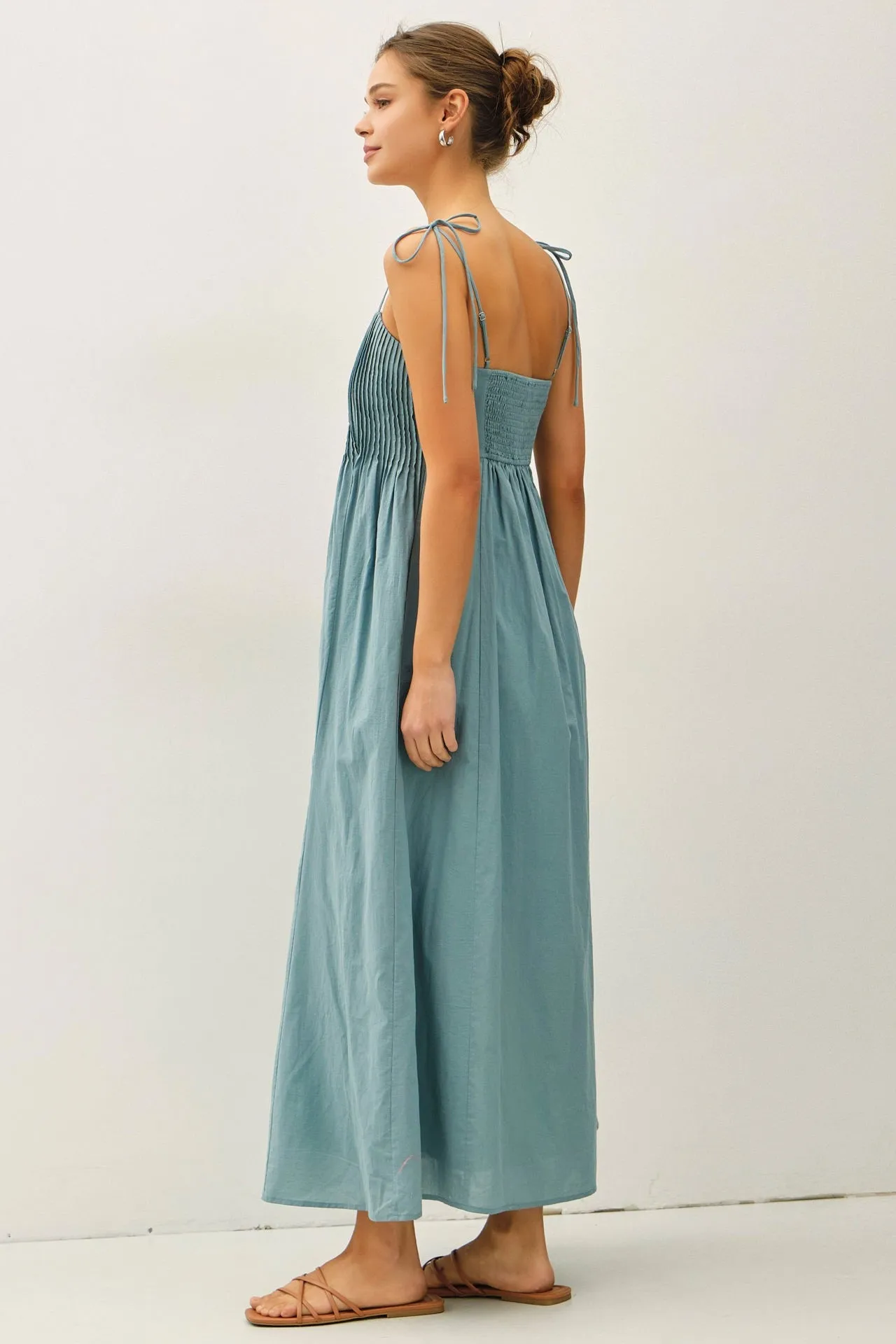 Teal Cotton Pintuck Tie Strap Maxi Dress sold by Pinkblush product image thumbnail 2
