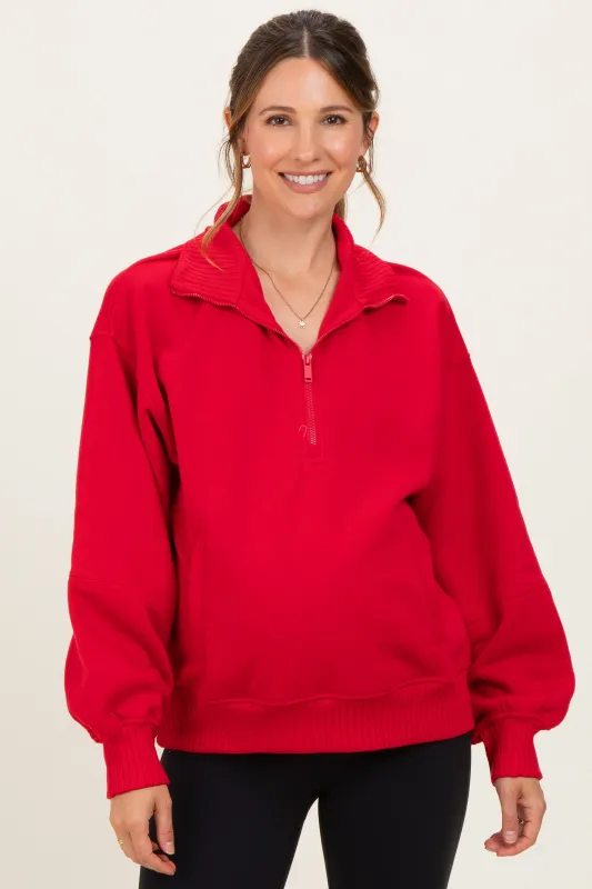 Red French Terry Quarter Zip Maternity Pullover made by Rae Mode